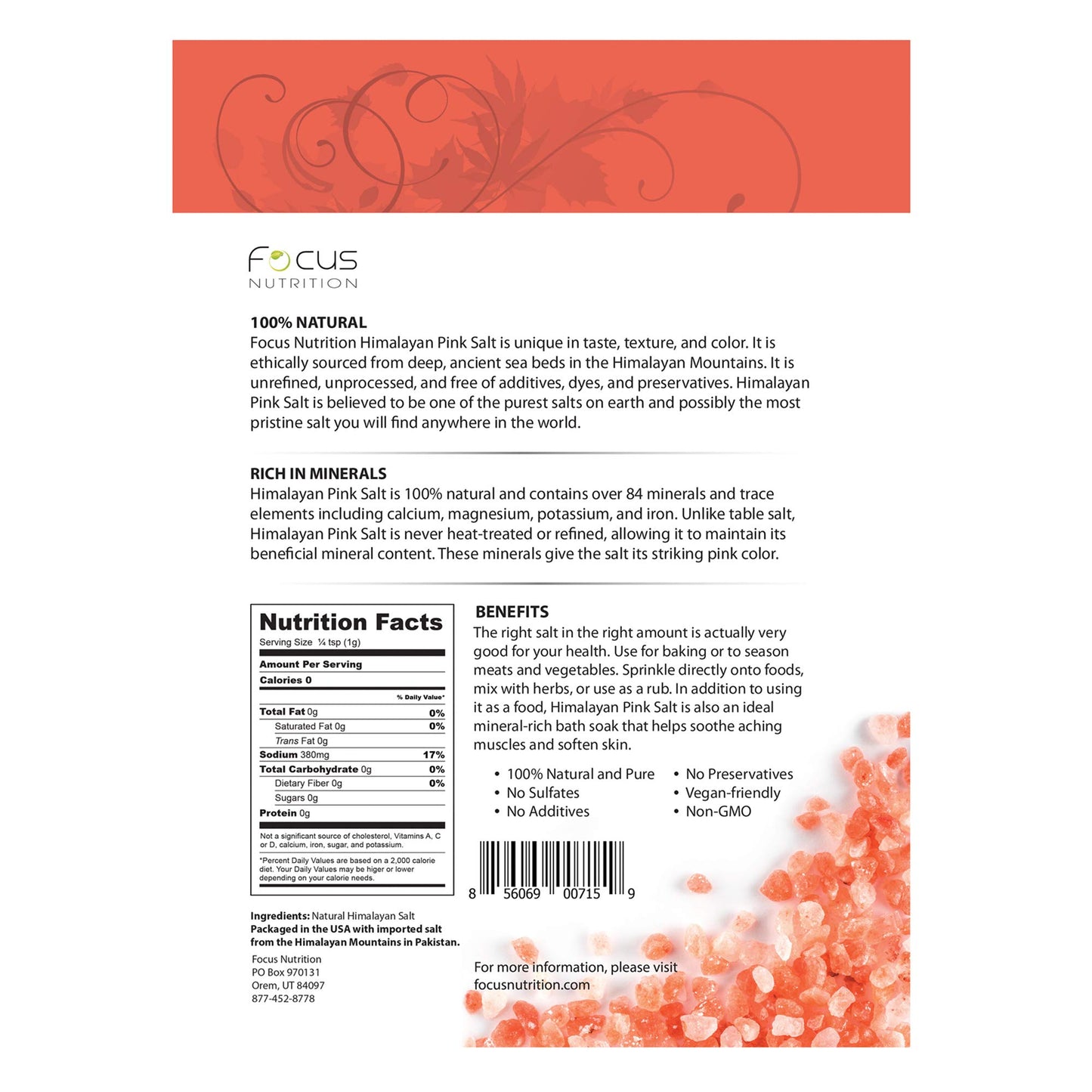 Focus Nutrition, Himalayan Pink Salt, 100% Natural Fine Grain, Resealable Pouch - 2 lbs