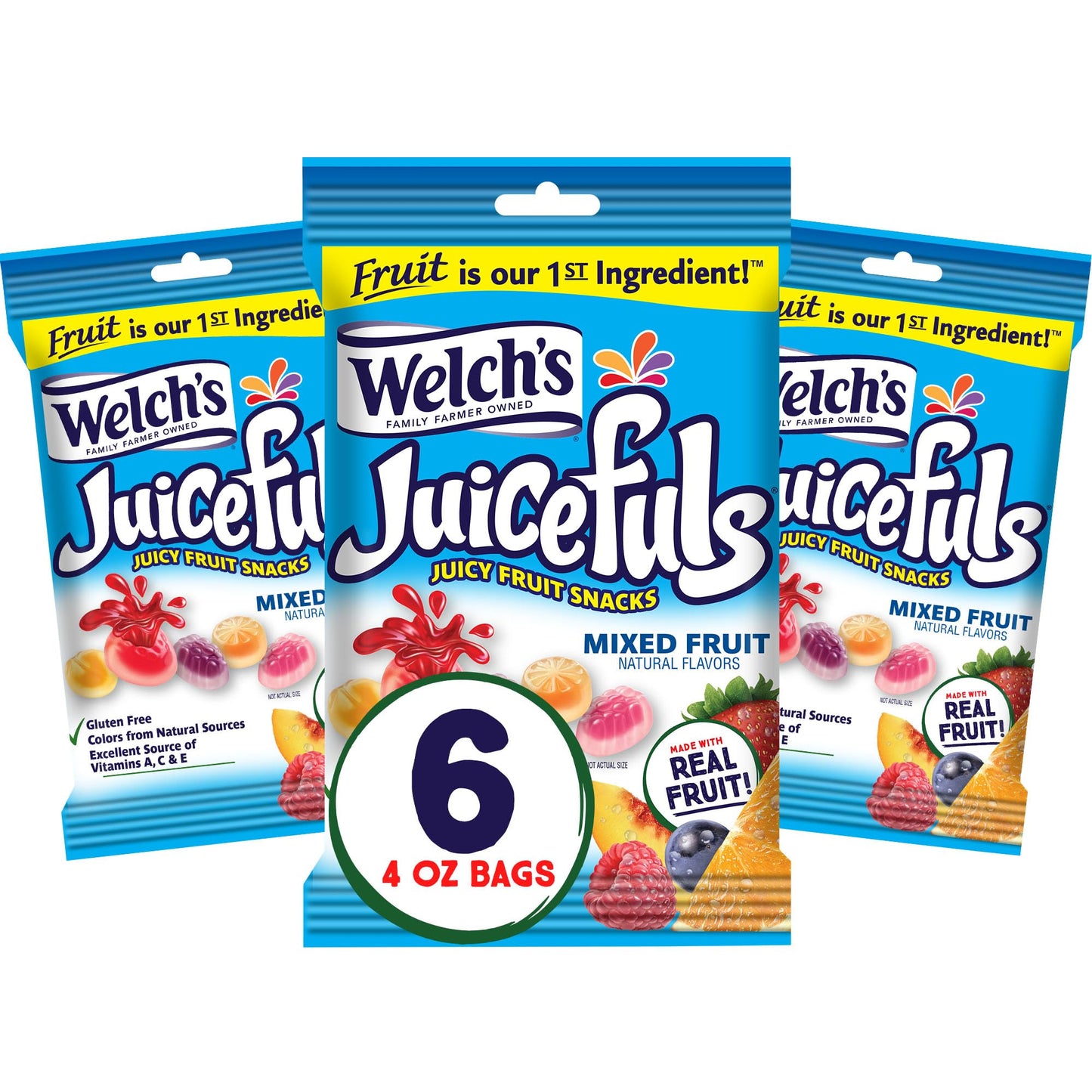 Welch's Juicefuls Juicy Fruit Snacks, Mixed Fruit, Fruit Gushers, Gluten Free, 4 Oz Sharing Size Bags (Pack of 6)