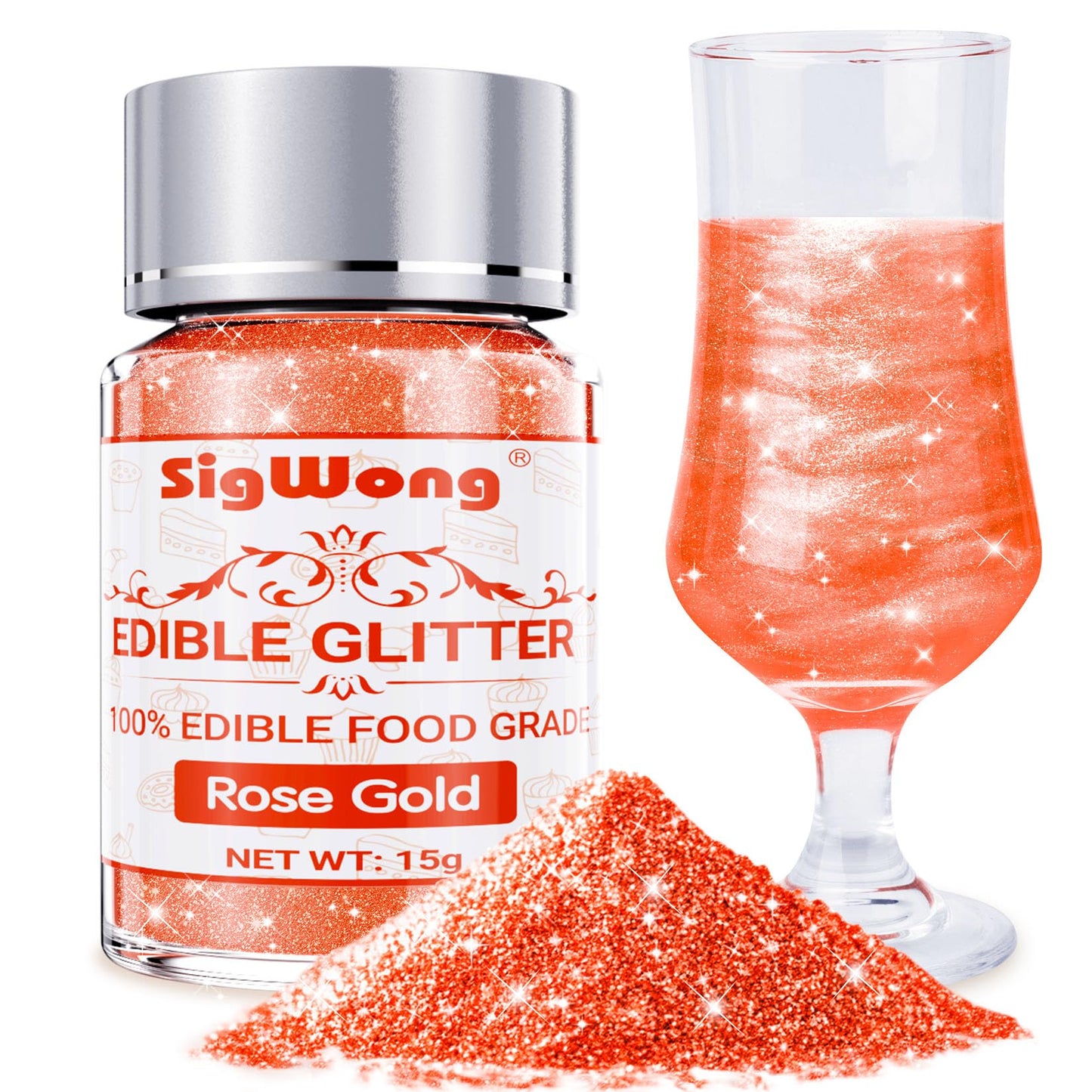 Rose Gold Edible Glitter - 15G Food Grade Luster Dust Powder  Cake Decorating Sprinkle Glimmery Dust For Drinks  Beverage-Inspired  Fondant  Chocolate  Candy  Cookie  Vegan