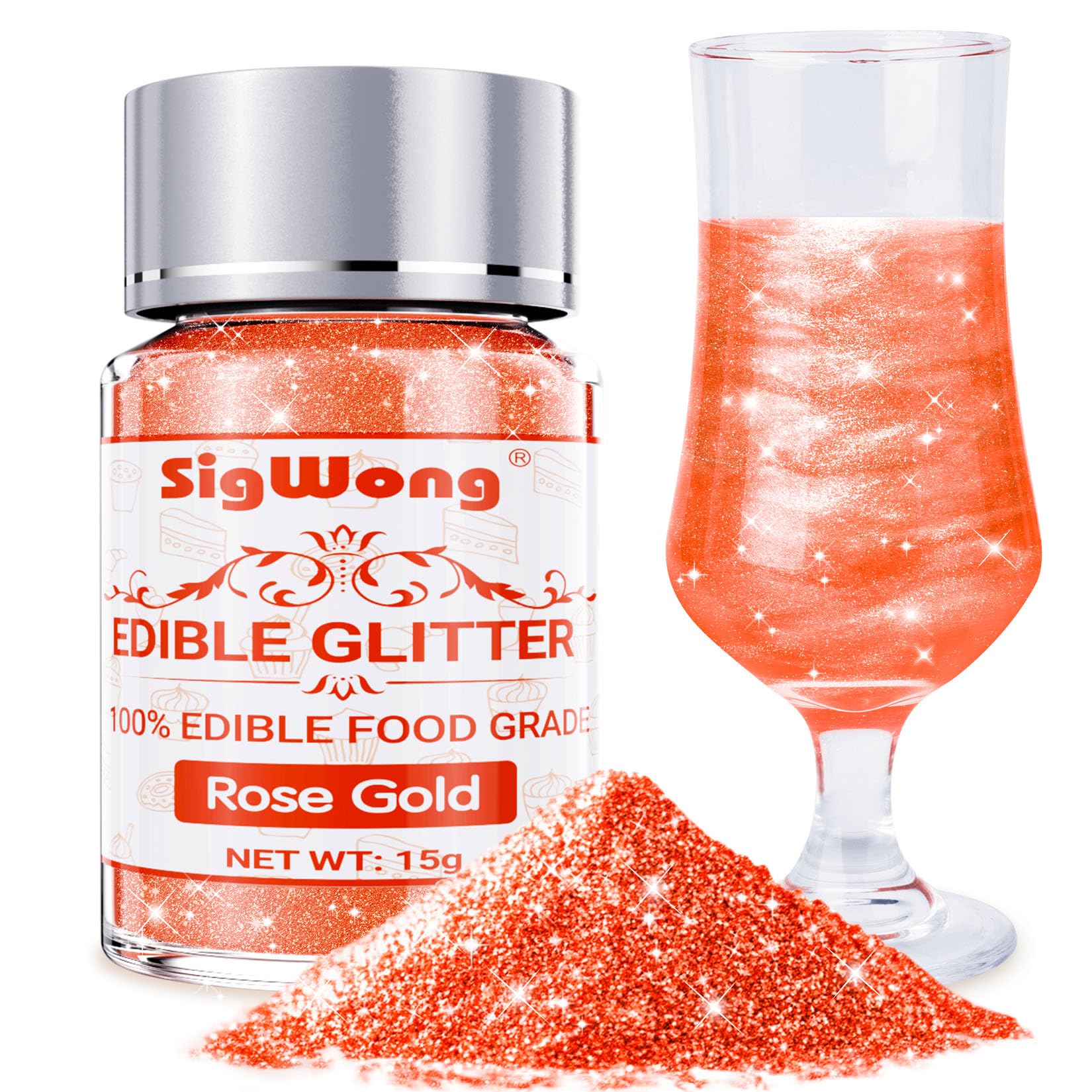 Rose Gold Edible Glitter - 15G Food Grade Luster Dust Powder  Cake Decorating Sprinkle Glimmery Dust For Drinks  Beverage-Inspired  Fondant  Chocolate  Candy  Cookie  Vegan