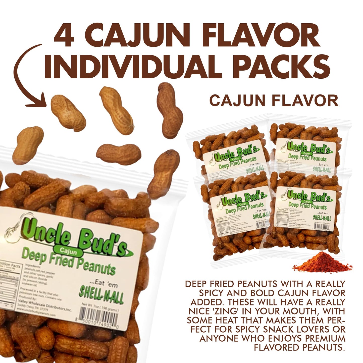 Uncle Bud'S Deep Fried Cajun Peanuts In The Shell (4-Pack) | Hot And Spicy Peanuts, Shareable Snacks For Family & Friends, In Sh