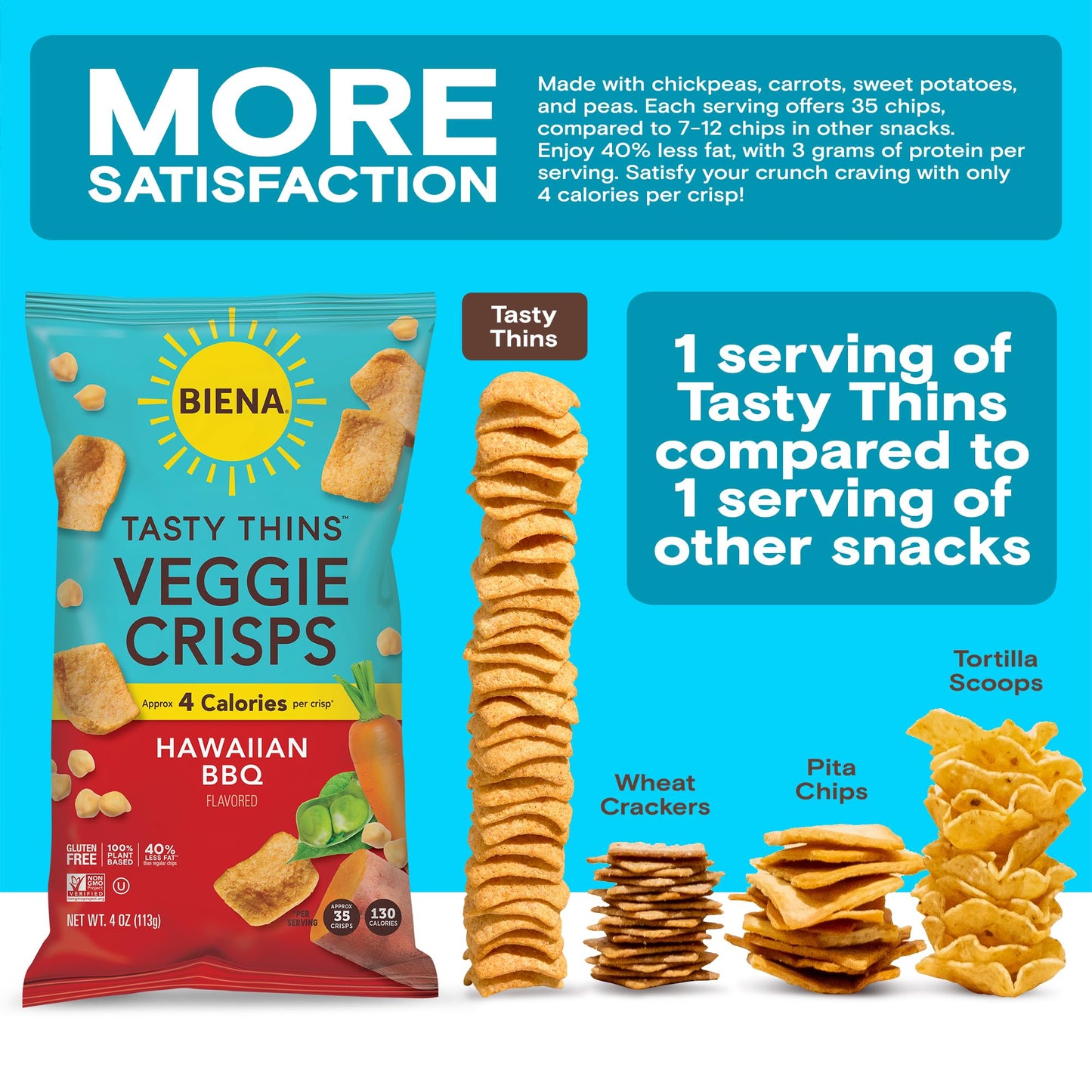 Biena Tasty Thins Veggie Crisps - Hawaiian Bbq, 4-Pack, 4 Oz Bags - Chickpeas & Veggies, Vegan, Gluten Free, Dairy-Free, Non-Gmo