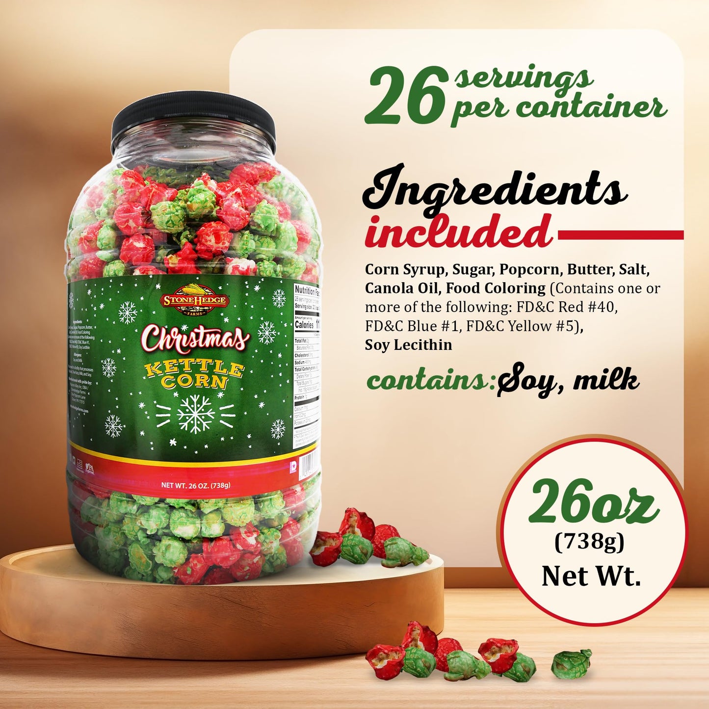 Stonehedge Farms Christmas Kettle Corn - 26 Ounce Barrel - Deliciously Old Fashioned - Red, And Green Popcorn
