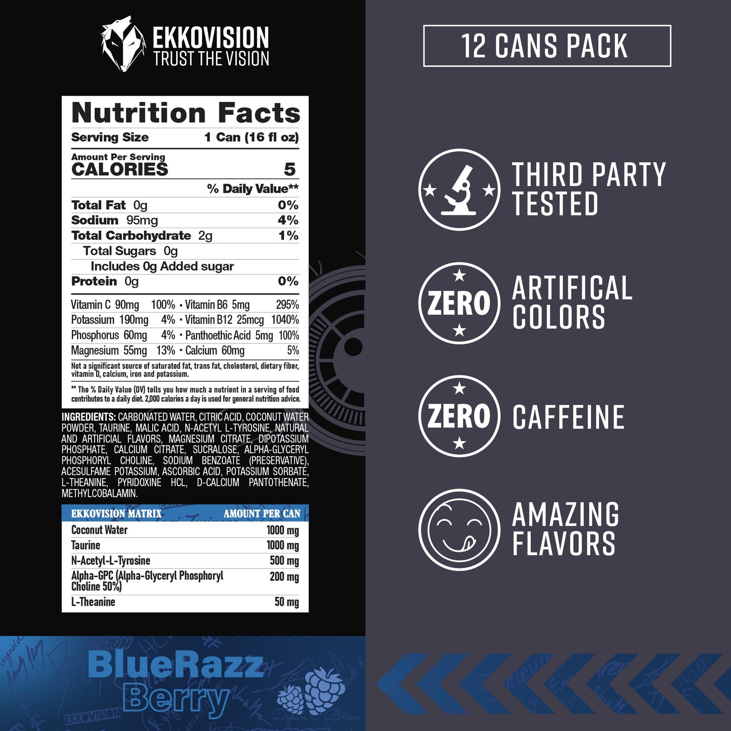Ekkovision Energy Drink Variety Pack, 200 MG Natural Caffeine, 16 Fl Oz Can, 12 Pack