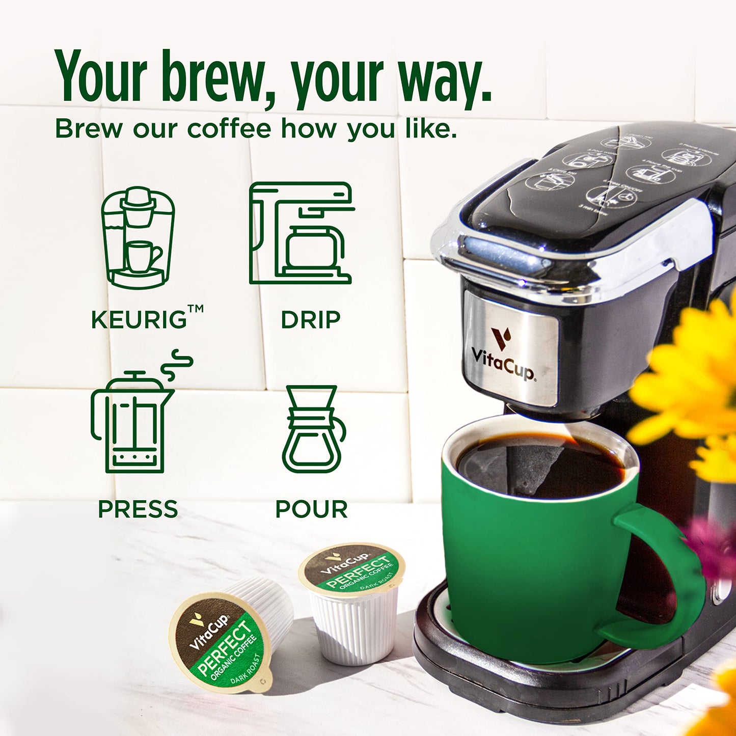 VitaCup Perfect Low Acid Coffee Pods  USDA Organic & Fair Trade  Mycotoxin Free  Dark Roast Guatemala Single Origin  Clean & Pure Recyclable Single Serve Pod compatible w/Keurig K-Cup malt-inspired 24 CT