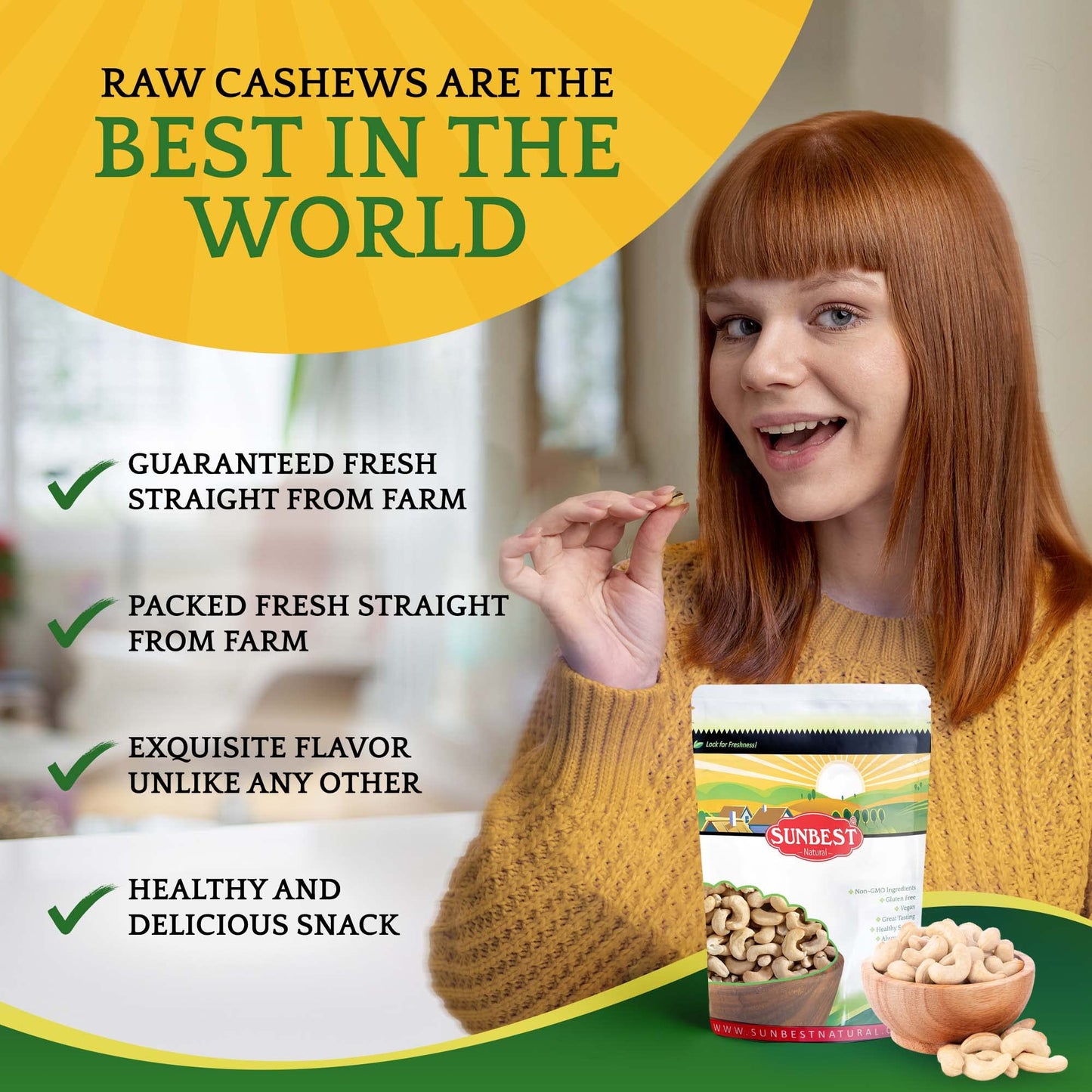 Sunbest Natural - Whole Raw Cashew, Unroasted & Unsalted Cashews For Cooking, Baking, & Toppings, On-The-Go Vegan Snack, Non-Gmo Cashew Nuts Bulk In Resealable Bag, 3 Lbs