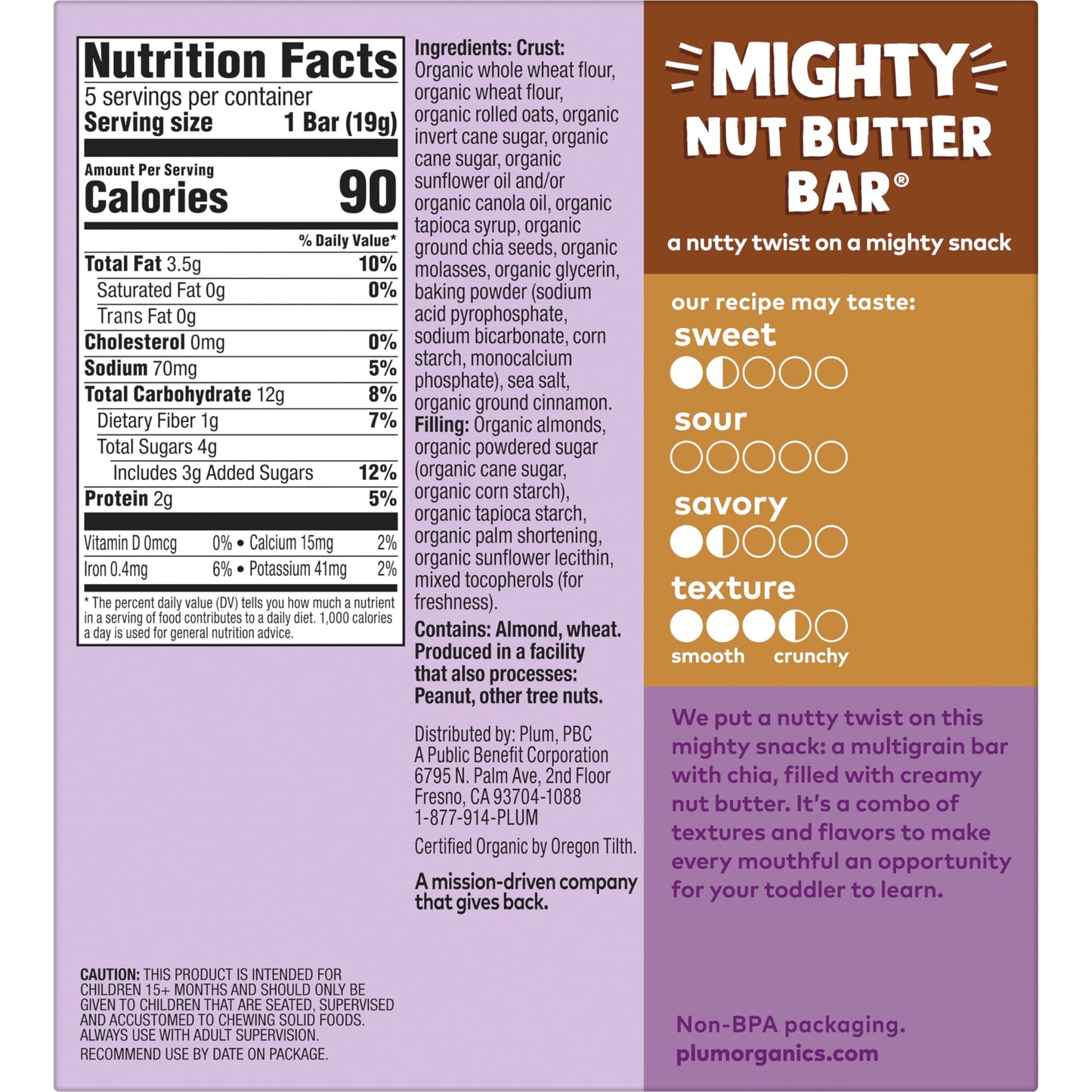 Plum Organics Mighty Nut Butter Bars - Almond Butter - 0.67 Oz Bars (Pack Of 5) - Organic Toddler Food Multigrain Snack Bars
