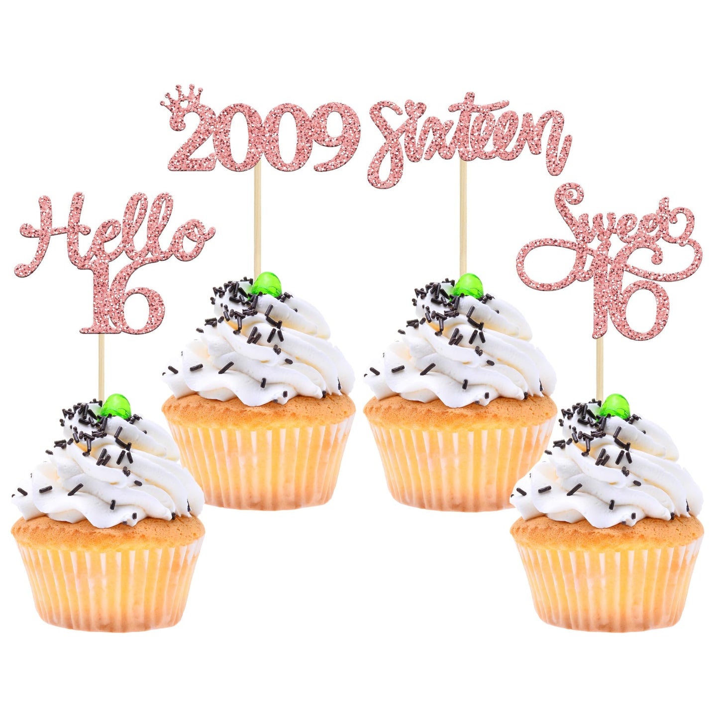 Gyufise 24 Pack Rose Gold Glitter 16Th Birthday Cupcake Toppers Hello Sweet 16 Sixteen Since 2009 Cupcake Picks For 16Th Birthday Party Cake Decorations Supplies