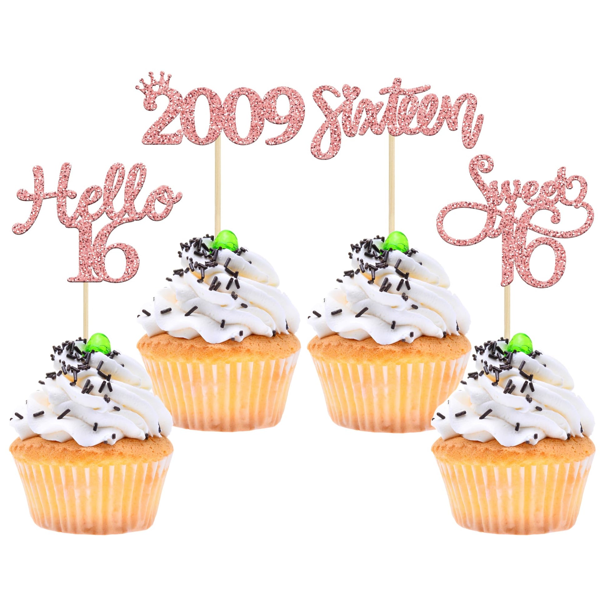 Gyufise 24 Pack Rose Gold Glitter 16Th Birthday Cupcake Toppers Hello Sweet 16 Sixteen Since 2009 Cupcake Picks For 16Th Birthday Party Cake Decorations Supplies