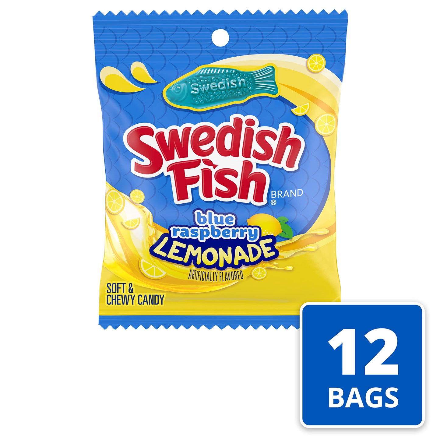 Swedish Fish Blue Raspberry Lemonade Soft & Chewy Candy, Bulk Candy, 12-3.59 Oz Bags