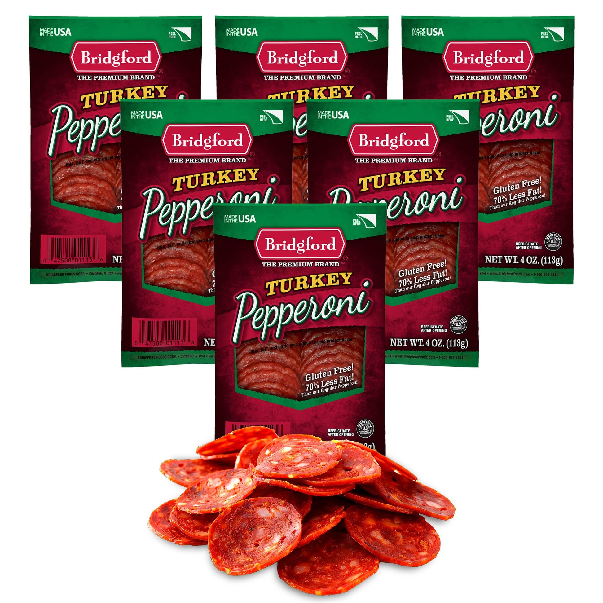 Bridgford Sliced Turkey Pepperoni - Naturally Smoked Snacks, 4 oz Pack of 6, Ideal for Pizza and Sandwiches