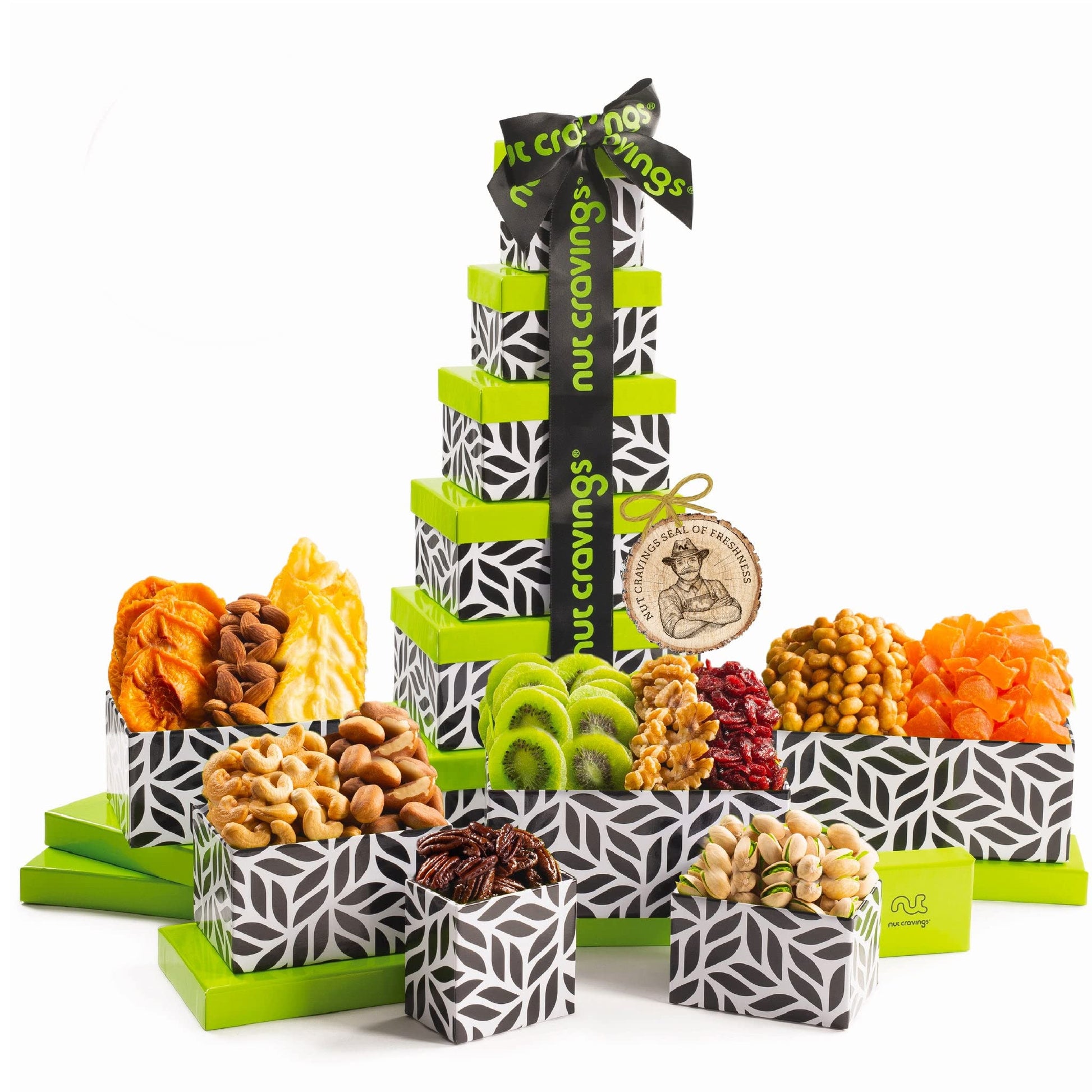 Nut Cravings Gourmet Collection - Rosh Hashana & Shana Tova Dried Fruit & Mixed Nuts Gift Basket Leaf Tower + Ribbon (12 Assortm