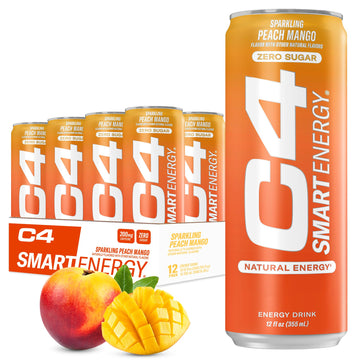 C4 Smart Energy Drink - Boost Focus and Energy with Zero Sugar  Natural Energy  and Nootropics - 200mg Caffeine - Peach Mango (12oz Pack of 12)