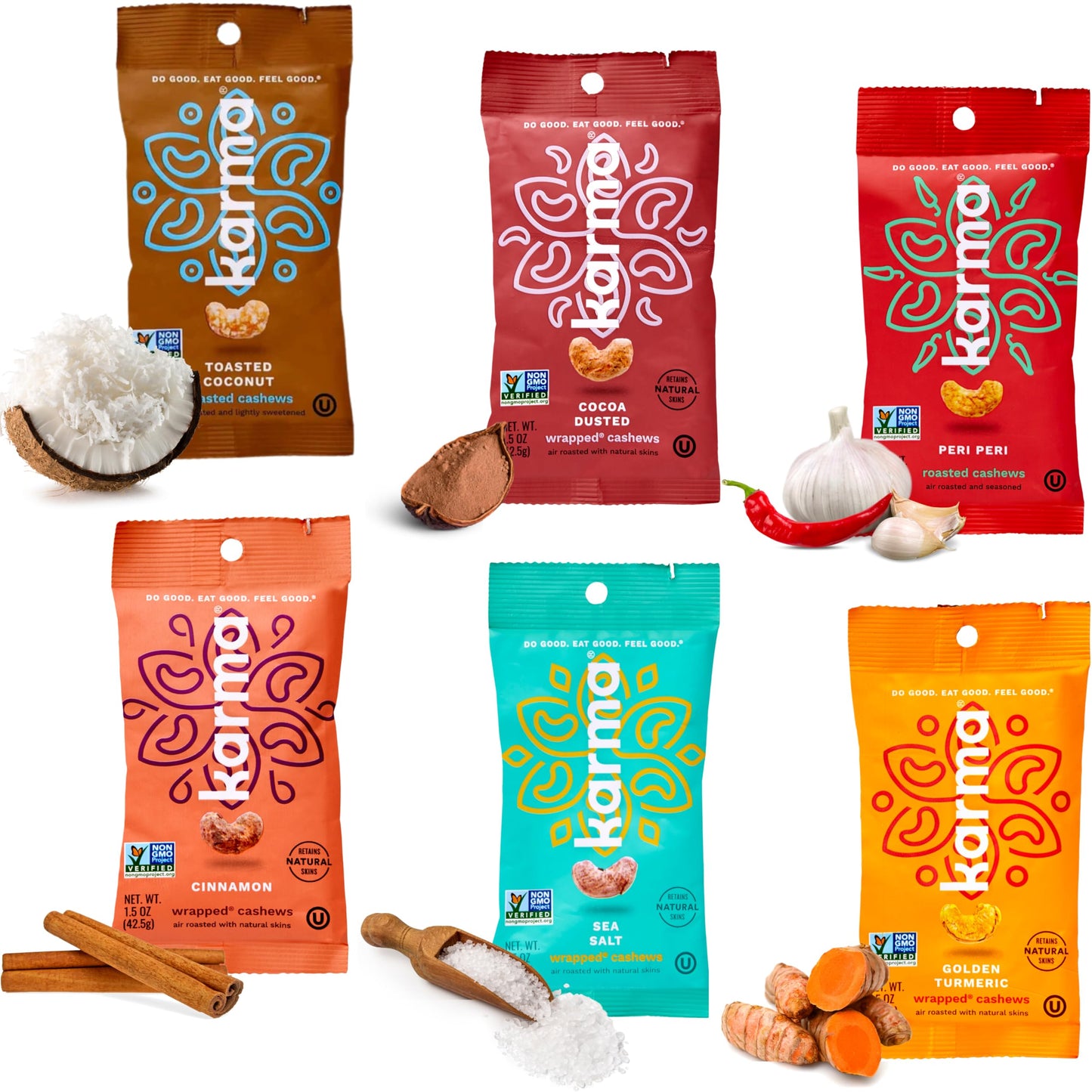 Karma Flavored Cashews Variety Pack - Gluten Free, Vegan, Non-GMO - 1.5 oz, Pack of 6