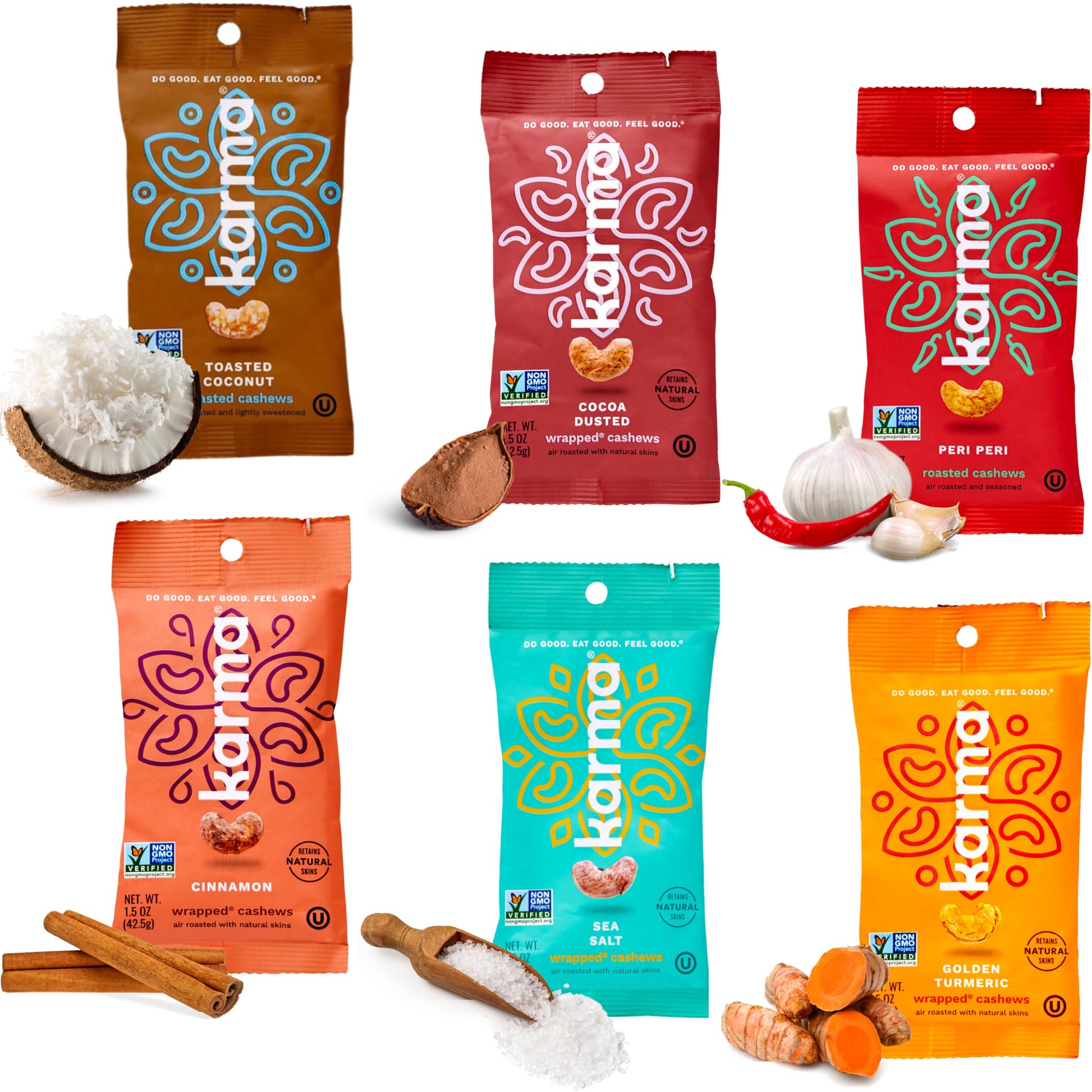 Karma Flavored Cashews Variety Pack - Gluten Free, Vegan, Non-GMO - 1.5 oz, Pack of 6