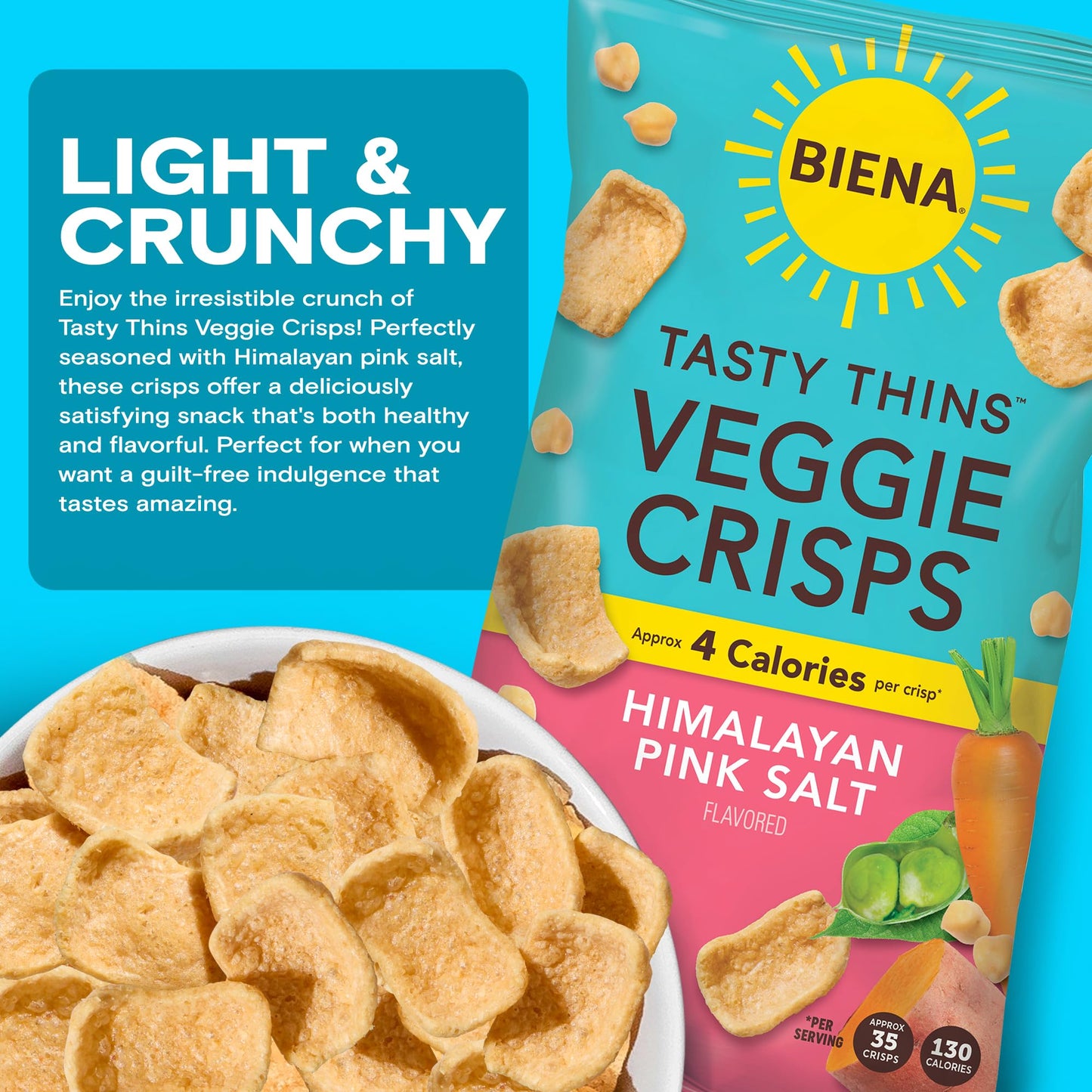 Biena Tasty Thins Veggie Crisps - Low Calorie Veggie Chips For Adults And Kids - 4-Pack, 4 Ounce Bags - Himalayan Pink Salt