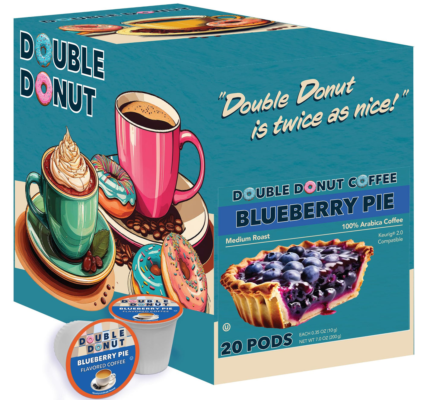 Double Donut Coffee Blueberry Flavored Coffee Pods, Medium Roast, 20 Count, Compatible with Keurig K Cups