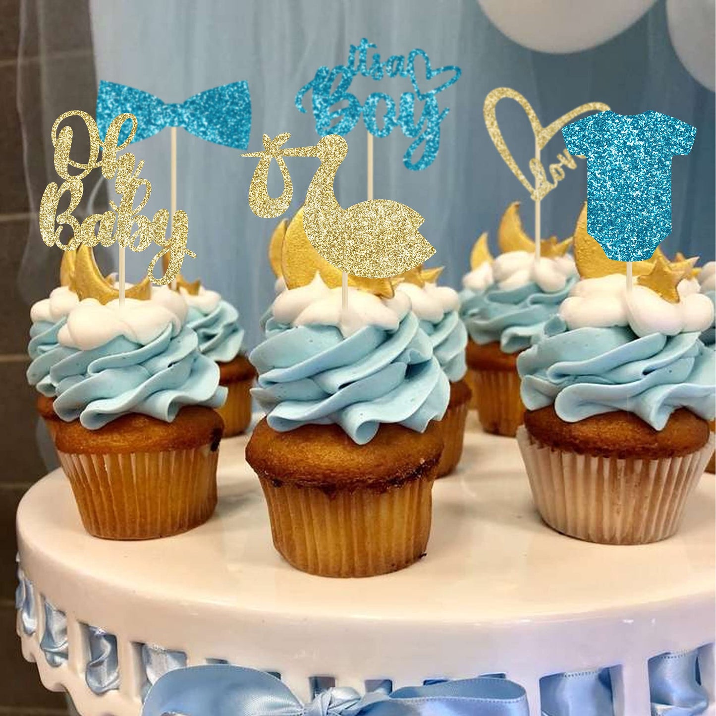 Gyufise 36 Pack Oh Baby Cupcake Toppers Assembled It'S A Boy Cupcake Toppers With Tie Onesie Love Heart Glitter Cake Picks Decor