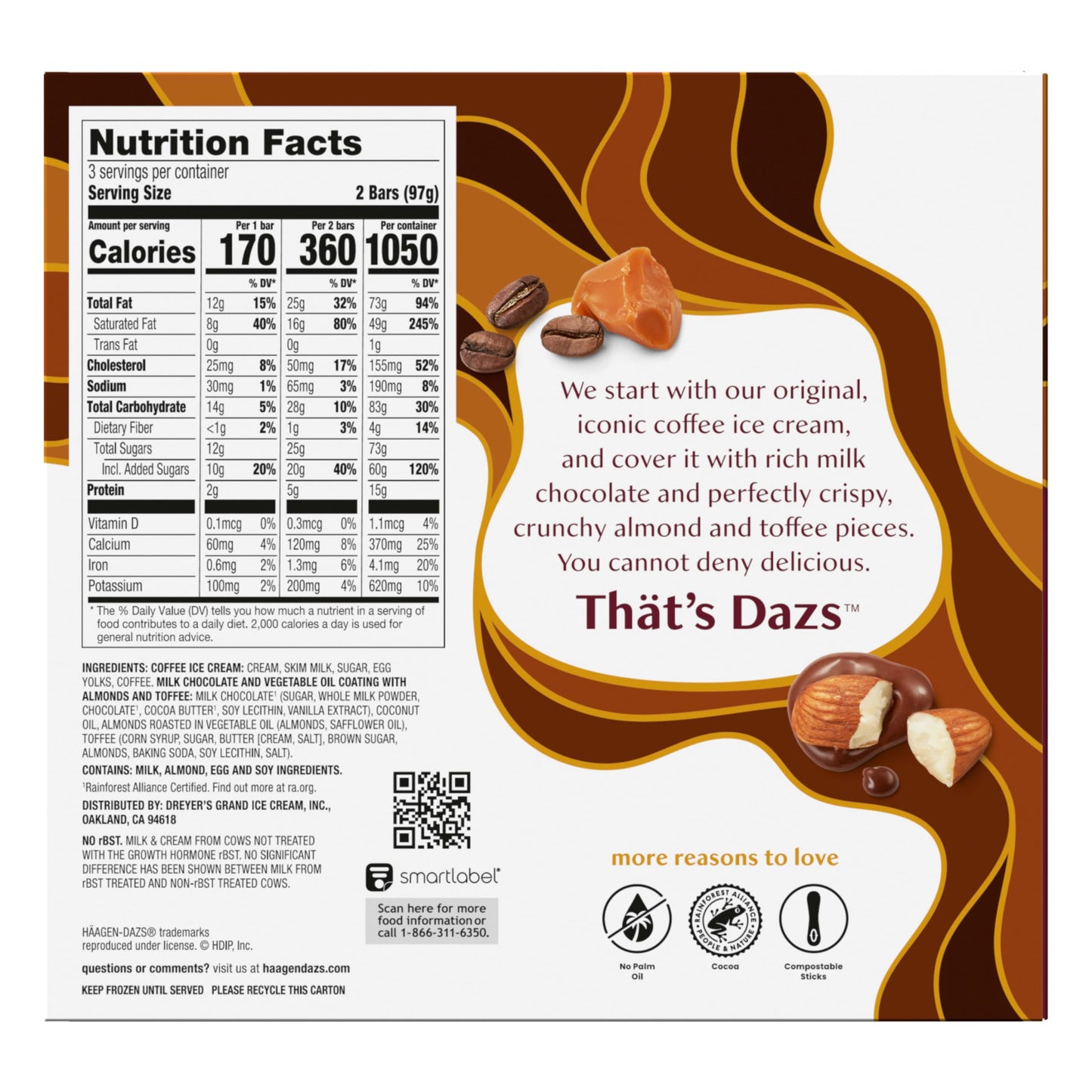 Haagen-Dazs Snack Size Ice Cream Bars,6 Count (Frozen), Coffee Almond Crunch,