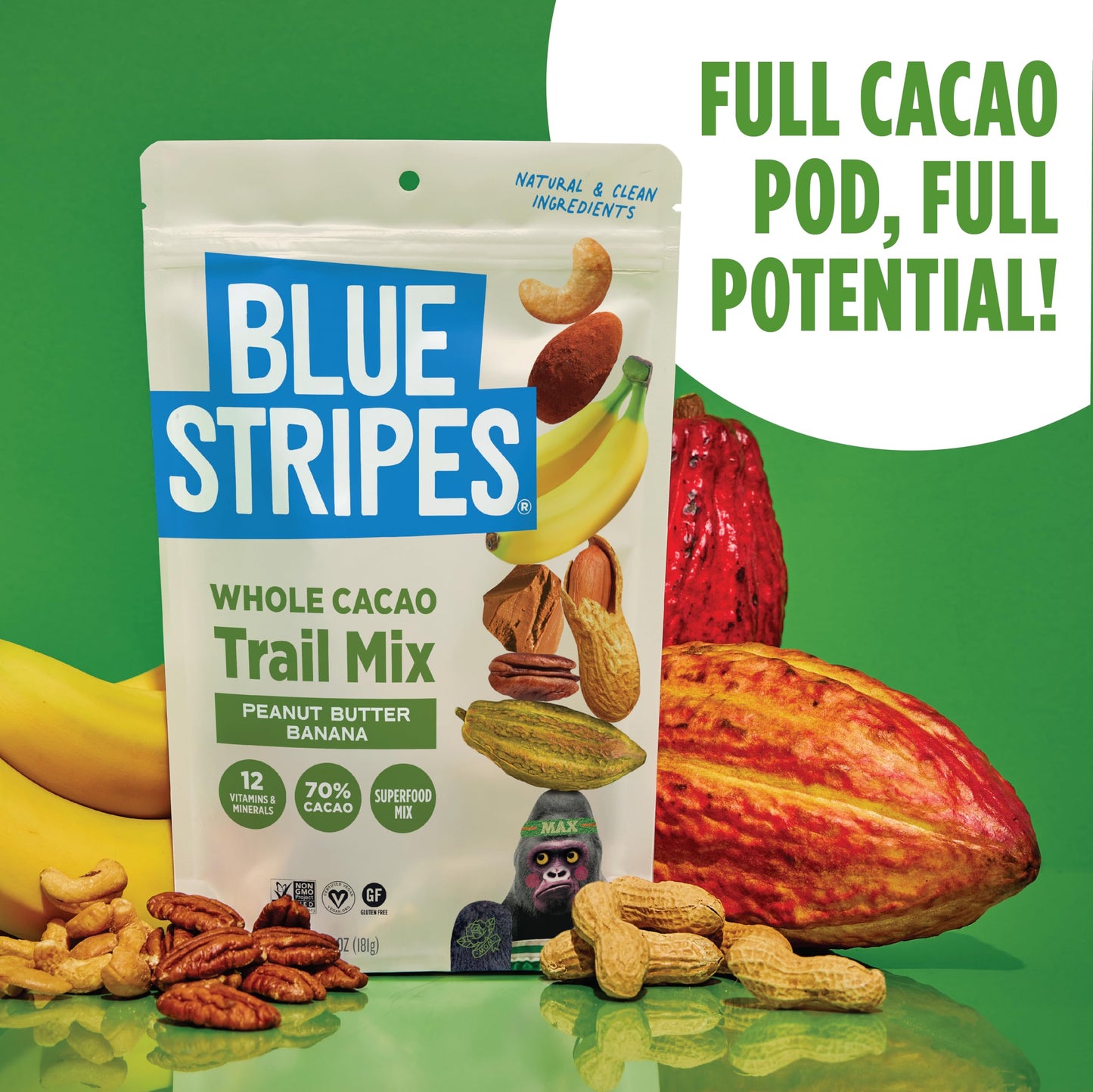 Blue Stripes - Trail Mix, Peanut Butter Banana, Cashews, Peanut Butter Chips, Healthy Snacks for Adults, Whole 70% Cacao, With U