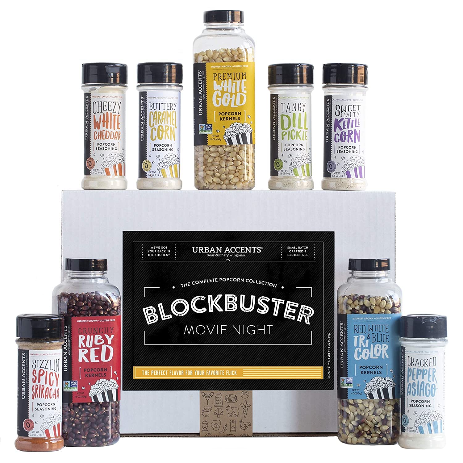 Urban Accents BLOCKBUSTER, Movie Night Popcorn Kernels Gift and Popcorn Seasoning Variety Pack (Set of 9)-3 Kernels and 6 Popcor