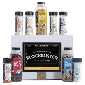 Urban Accents BLOCKBUSTER, Movie Night Popcorn Kernels Gift and Popcorn Seasoning Variety Pack (Set of 9)-3 Kernels and 6 Popcor