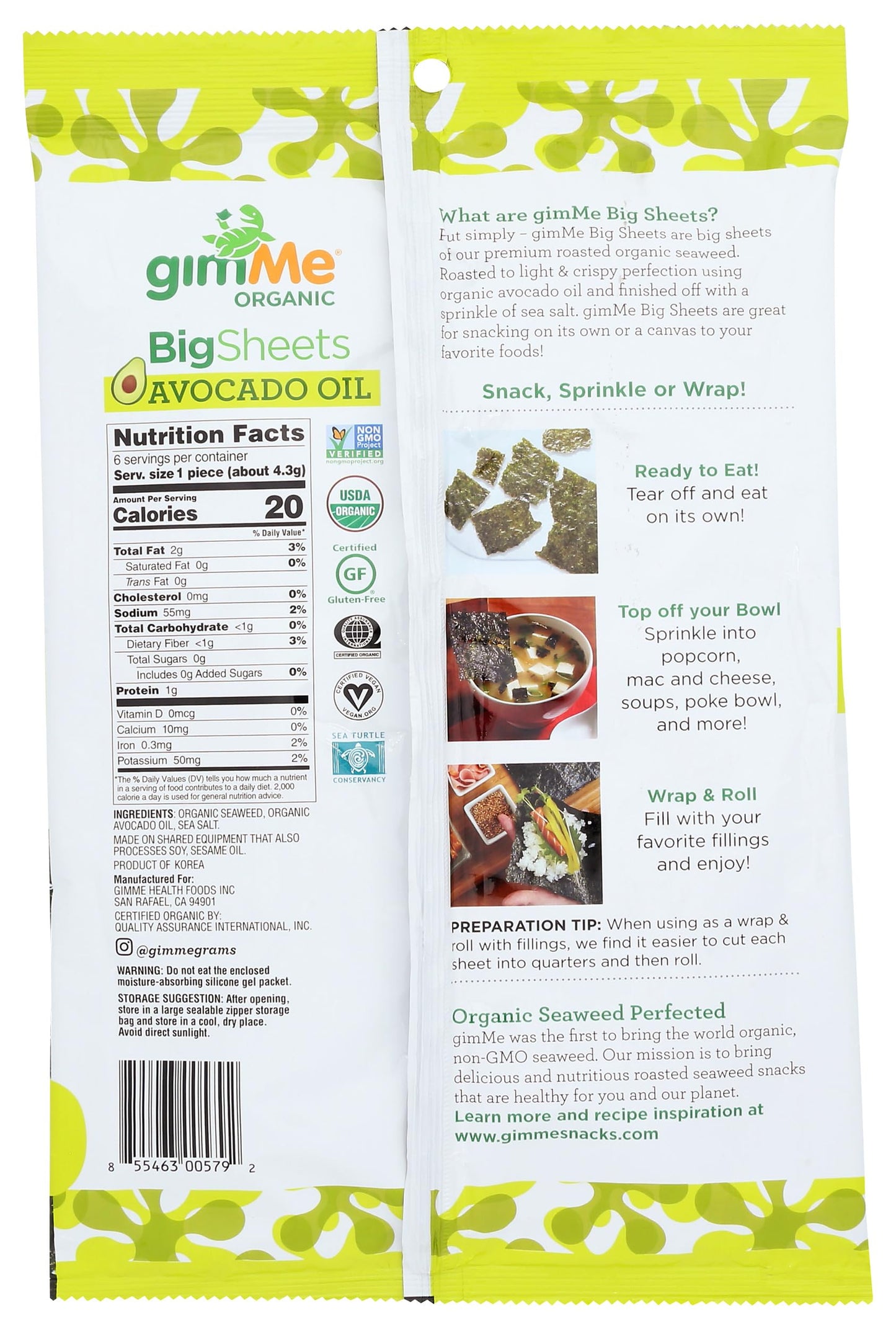 Gimme Organic Avocado Oil Sea Salt Roasted Seaweed, 0.92 Oz