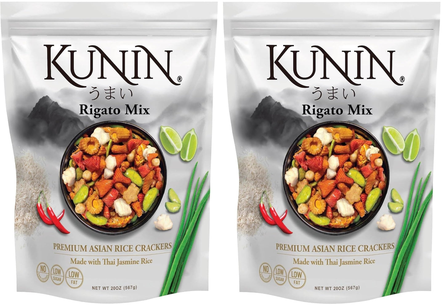 (Pack of 2) KUNIN Rigato mix, Premium Asian Cracker Made With Thai Jasmine Rice, 20 oz - Low Sugar, Low Fat, No Cholesterol