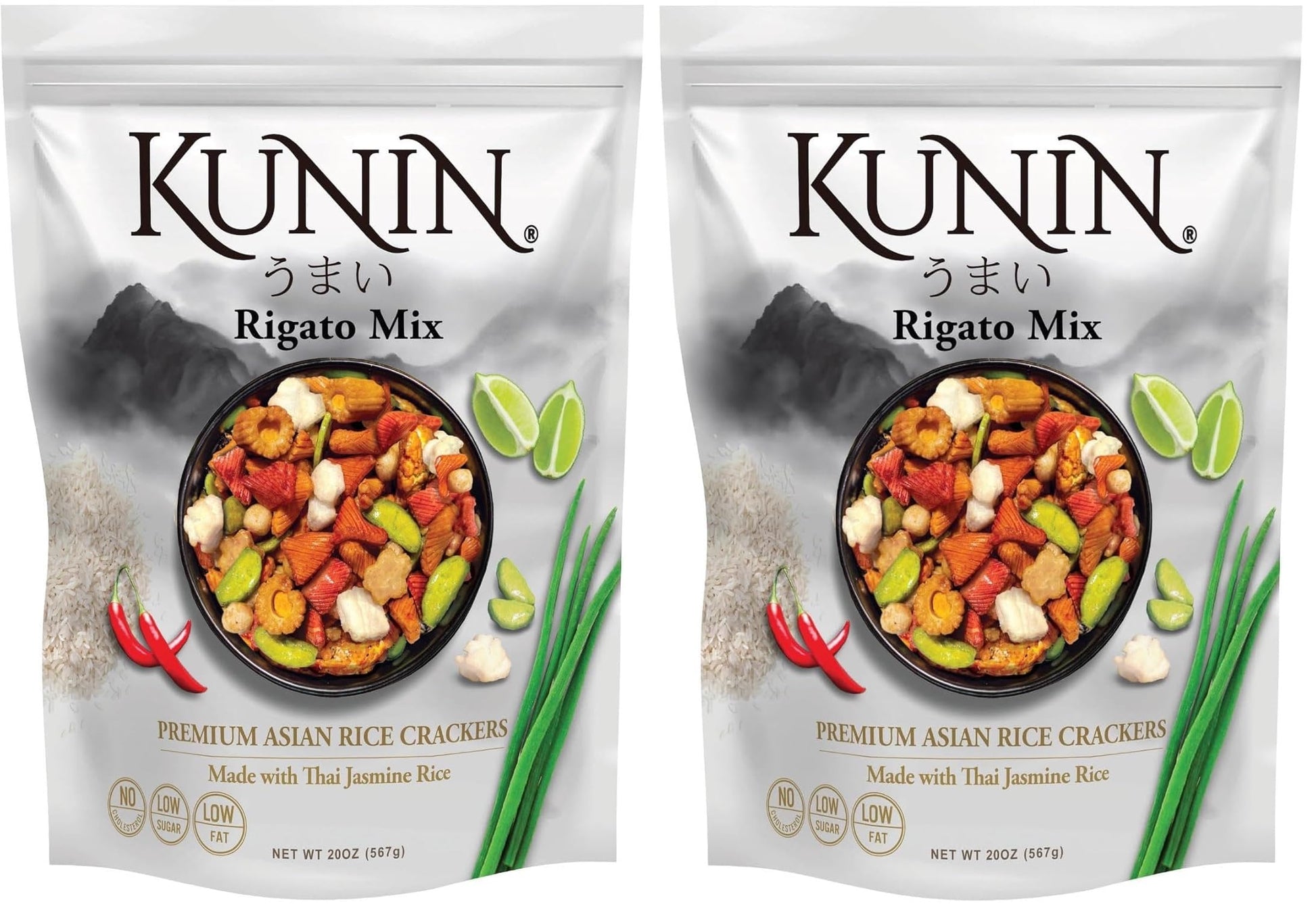 (Pack of 2) KUNIN Rigato mix, Premium Asian Cracker Made With Thai Jasmine Rice, 20 oz - Low Sugar, Low Fat, No Cholesterol