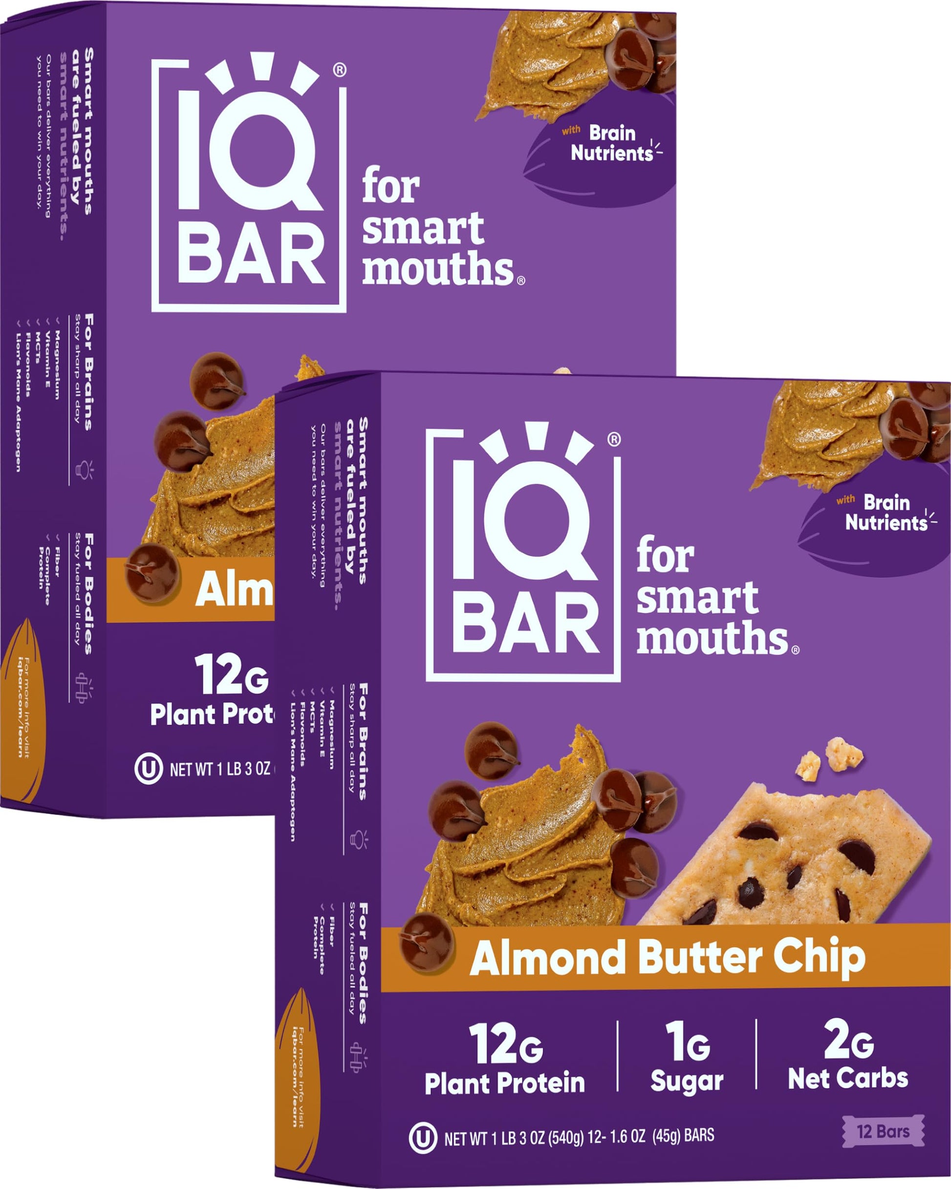 IQBAR Brain and Body Plant Protein Bars - Almond Butter Chip - 24-Count Low Carb - Gluten Free  High Fiber  Vegan Snacks - Low Sugar Meal Replacement