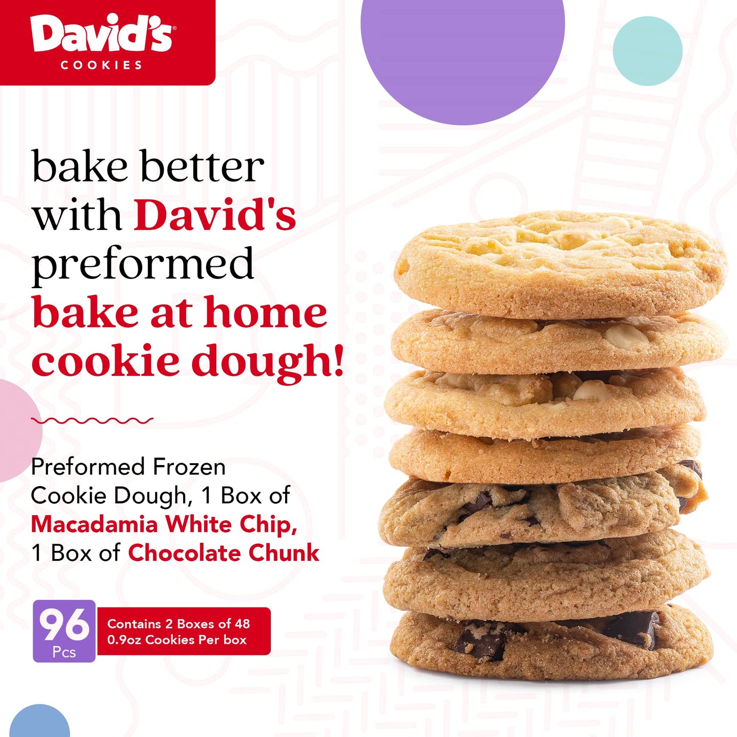 David's Cookies Preformed Frozen Cookie Dough Chocolate Chunk & Macadamia White Chip 96 count