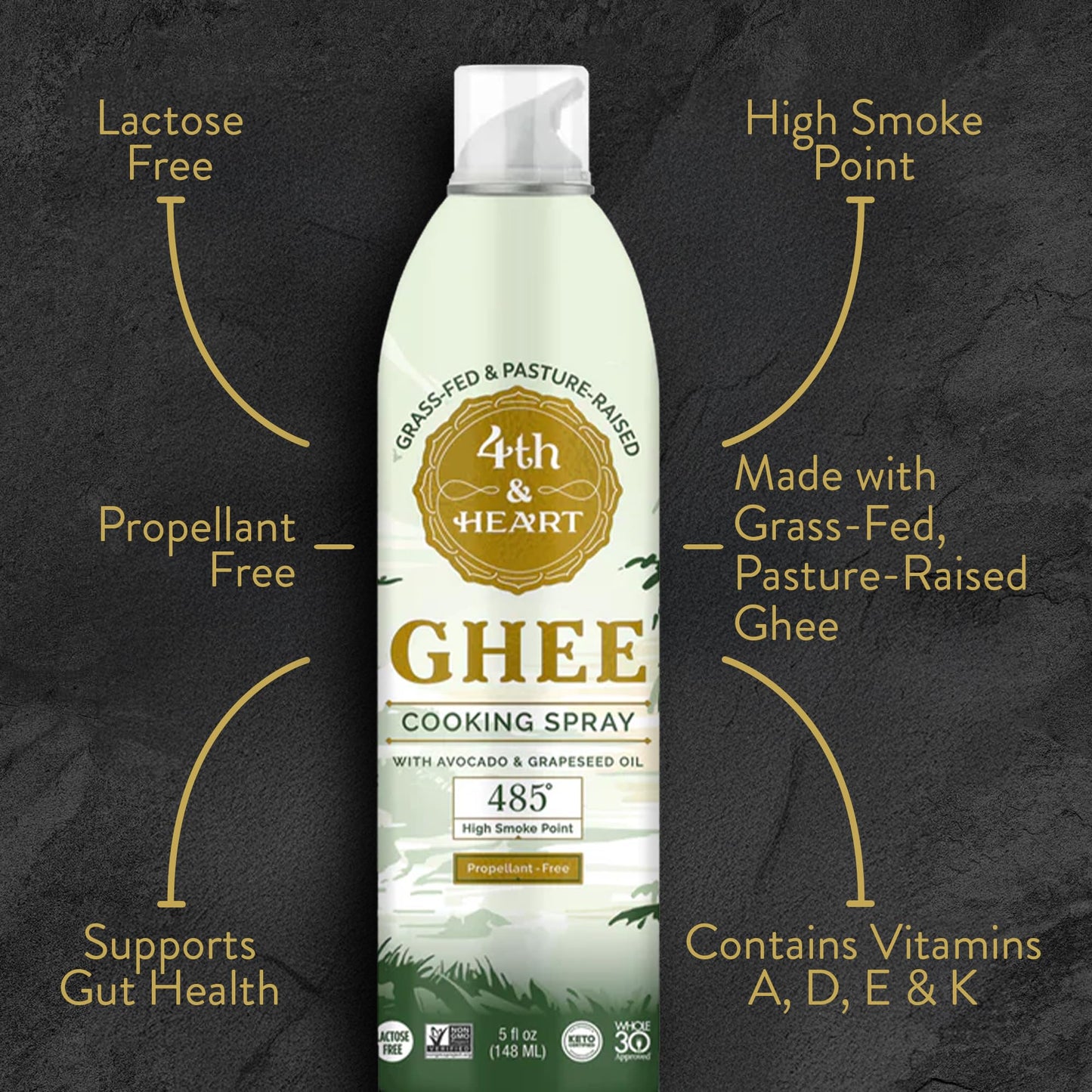 4th & Heart Original Ghee Oil Non-Stick Cooking Spray, Made with Grass-Fed, Pasture-Raised Ghee, Keto, Lactose-Free, Certified P