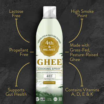4th & Heart Original Ghee Oil Non-Stick Cooking Spray, Made with Grass-Fed, Pasture-Raised Ghee, Keto, Lactose-Free, Certified P