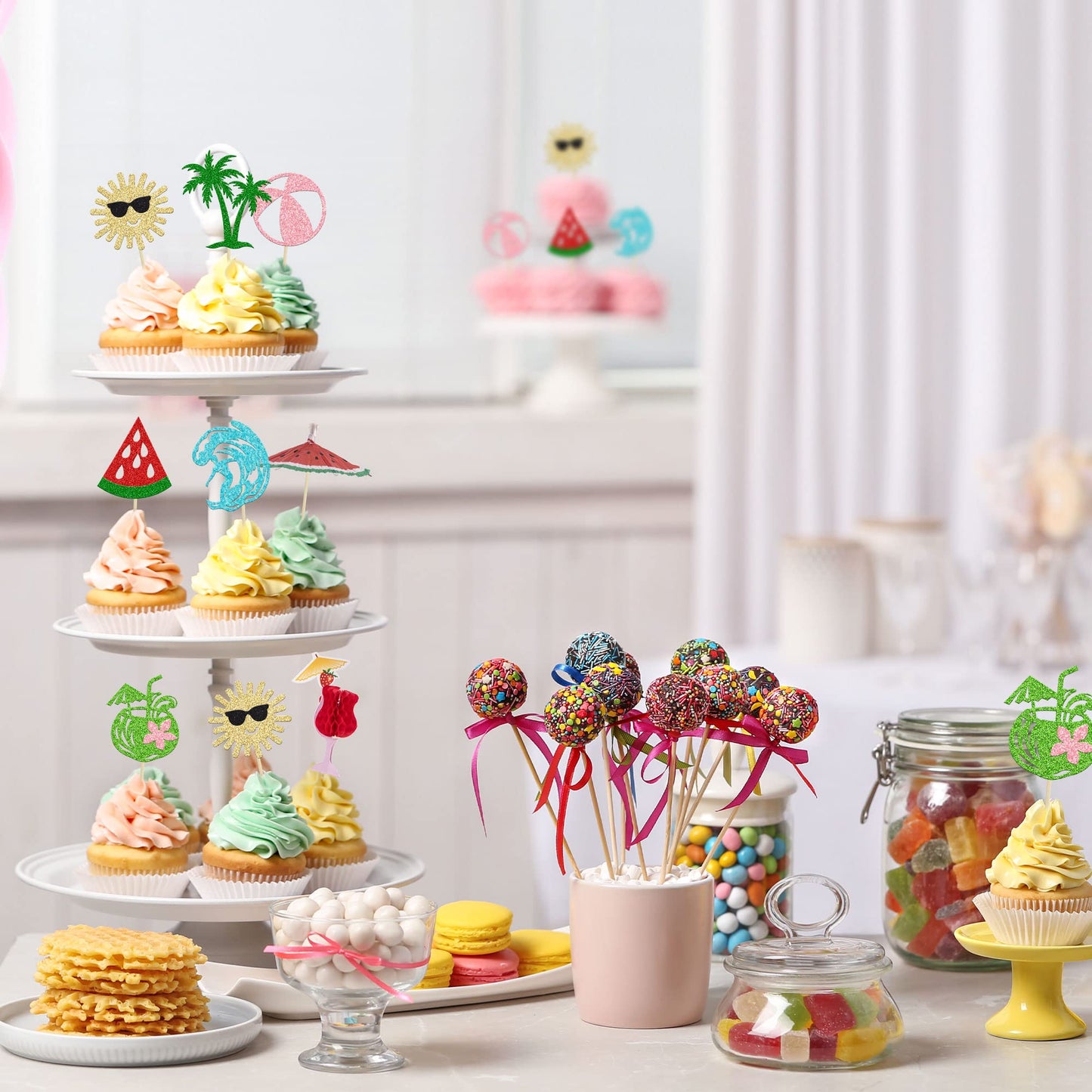 Gyufise 32Pcs Cupcake Toppers Set - Summer Beach Theme, Multi-Color, Paper, Small Size for Baby Showers and Birthday Parties