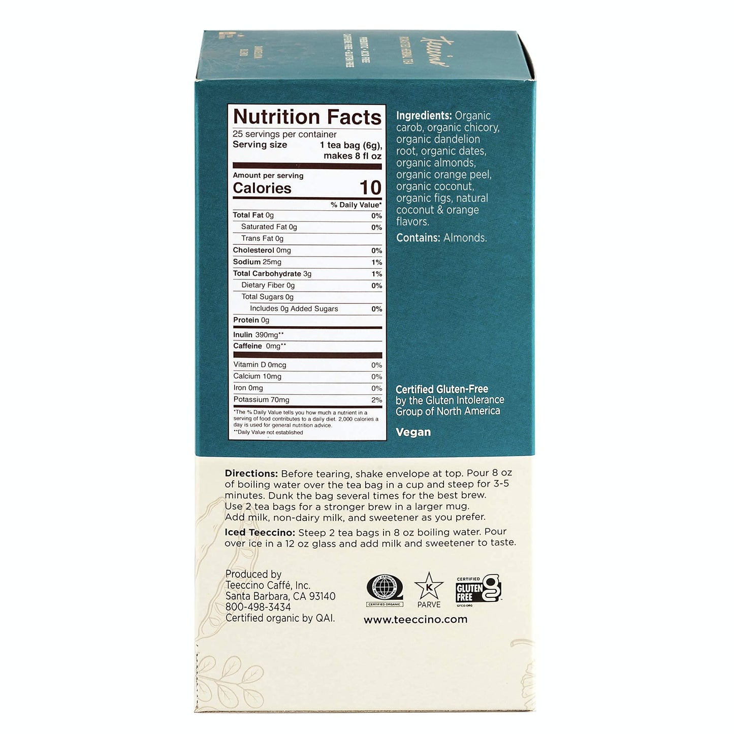 Teeccino Dandelion Coconut Herbal Tea - Caffeine Free, 25 Count (Pack of 3)