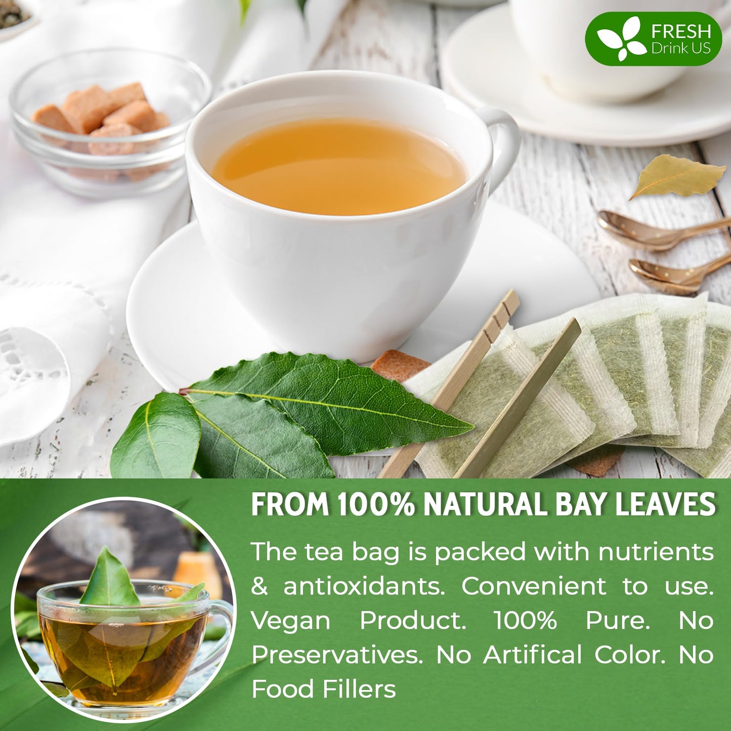 FRESHDRINKUS Bay Leaf Tea Bags, 100% Natural Herbal Tea, 40 Count, No Sugar, Caffeine-Free, Vegan