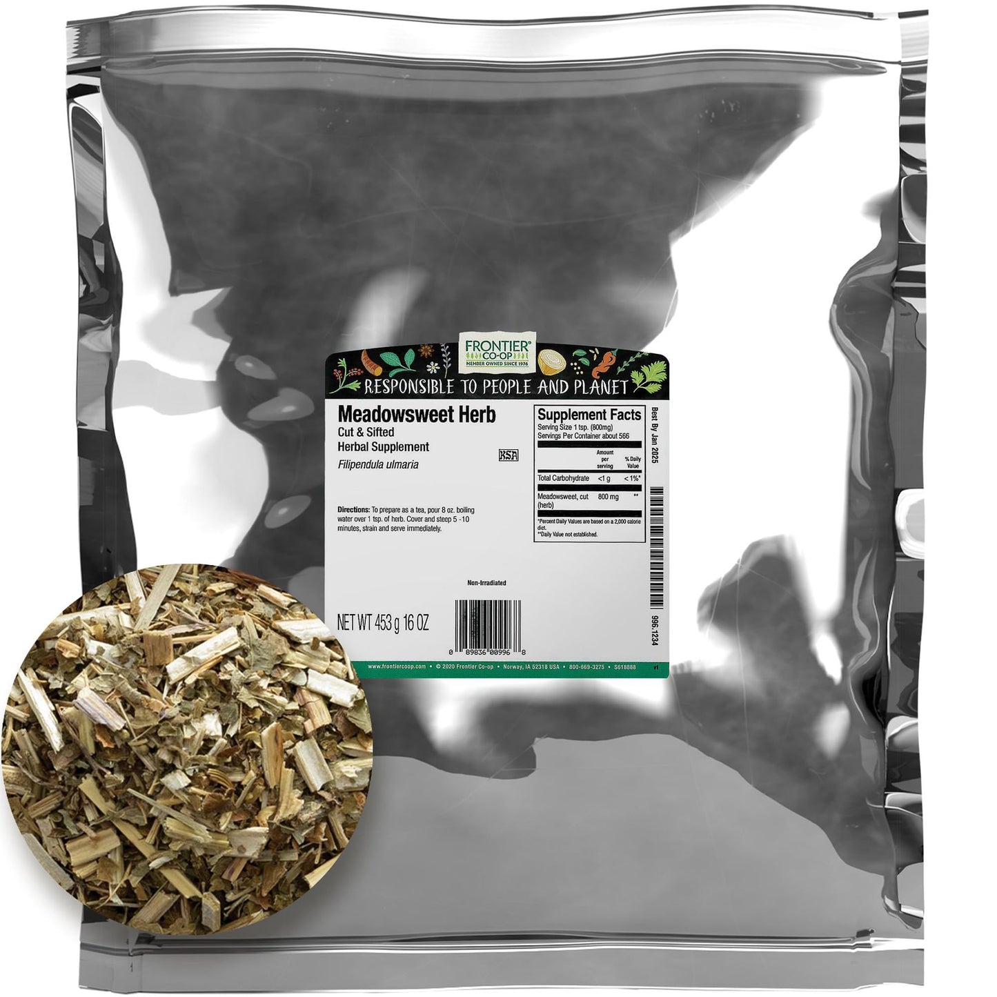 Frontier Co-Op Meadowsweet Herb, Cut & Sifted, 1Lb Bulk Bag - 100% Natural Dried Herb - Ideal For Meadowsweet Tea & Herbal Uses,