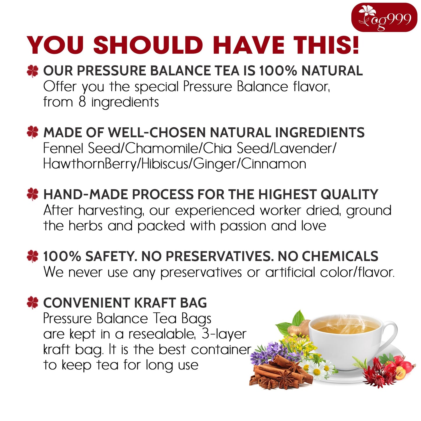 TOG999 Upgraded Herbal Tea - Caffeine-Free, Vegan-Friendly, 40 Tea Bags - 3.5 oz, Blend of 9 Natural Herbs
