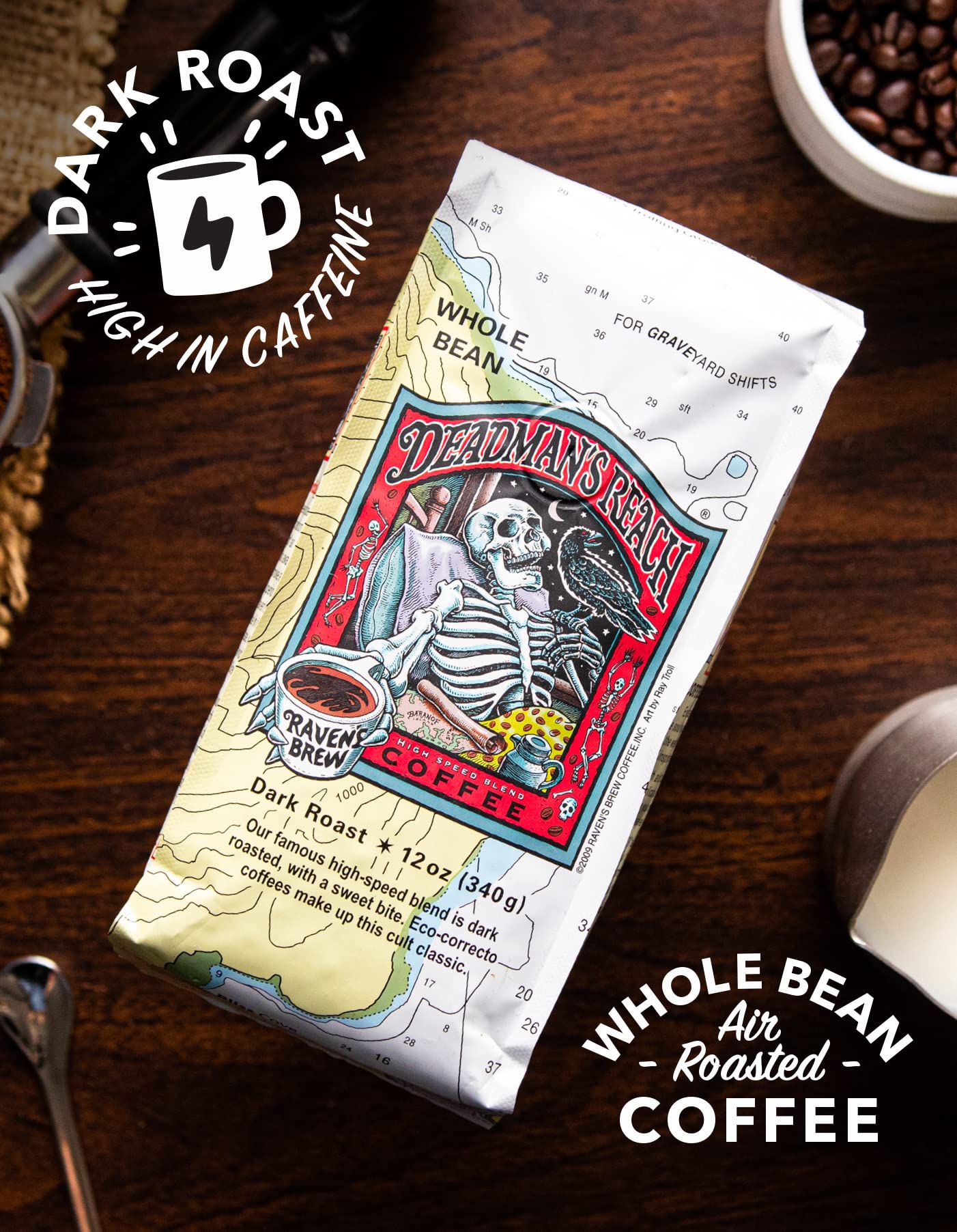Ravens Brew Coffee Dark Roast Whole Bean, High Caffeine, 12oz, Deadmans Reach