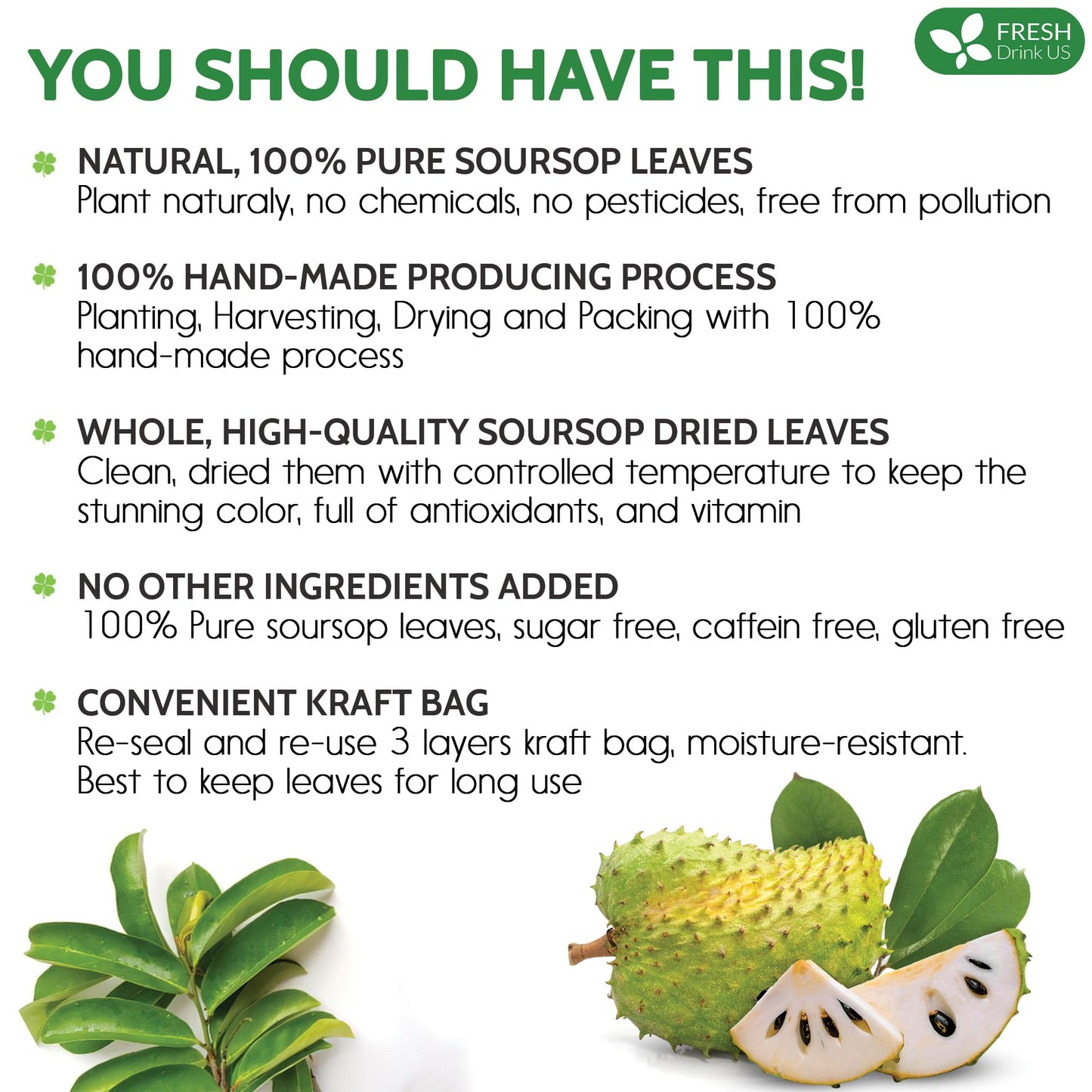 FRESHDRINKUS Soursop Graviola Tea, 75 Premium Dried Leaves, Vegan, Non-GMO, No Sugar, Gluten, or Caffeine