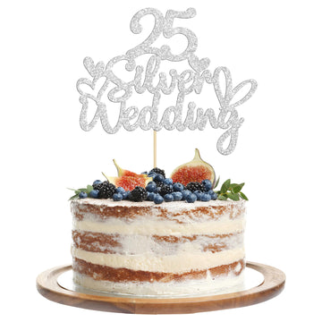 Gyufise 1Pcs 25Th Wedding Anniversary Cake Toppers Silver Glitter 25Th Wedding Anniversary Heart Cake Decoration For Celebration
