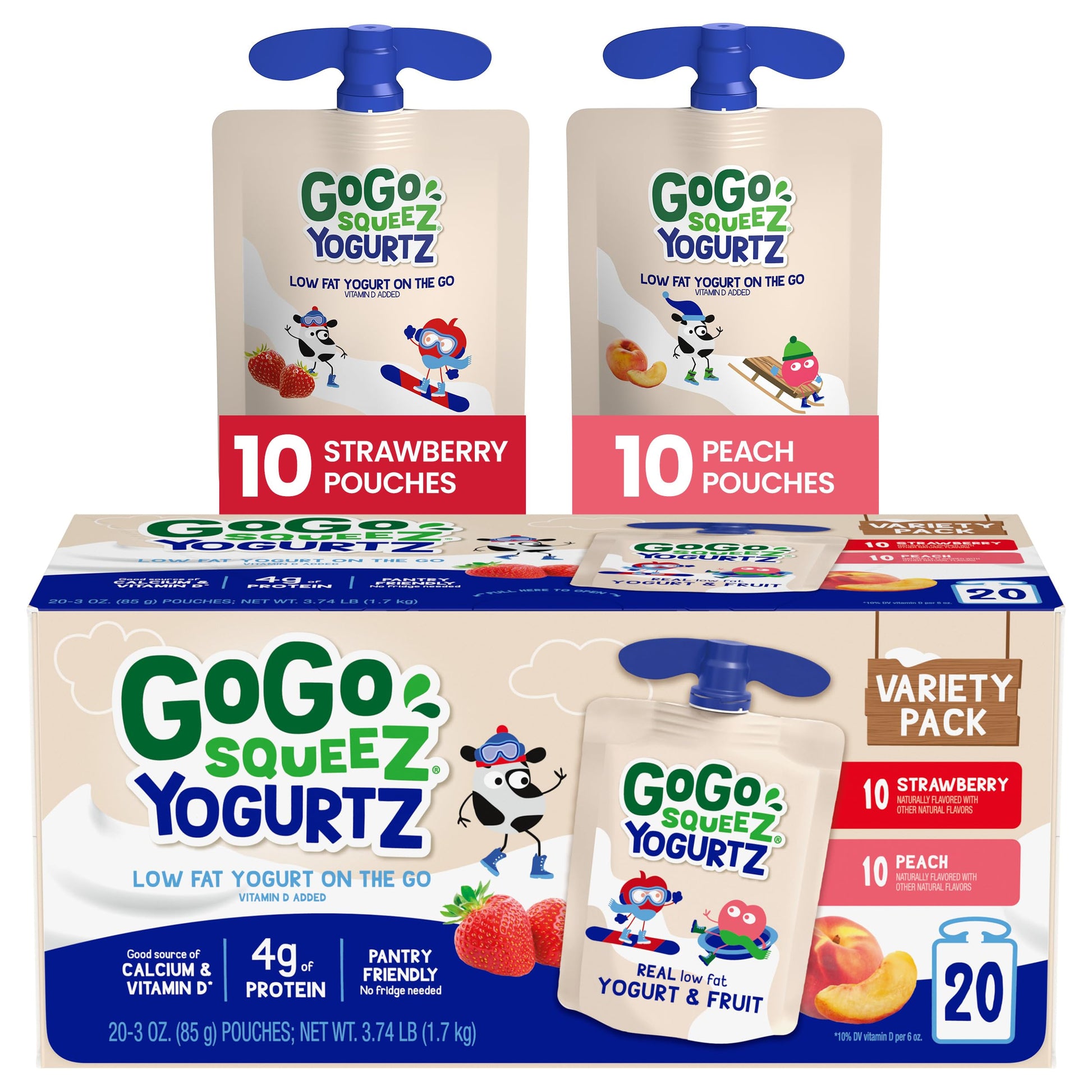GoGo SqueeZ YogurtZ Variety Pack, Strawberry & Peach, 3 oz (Pack of 20), Gluten Free, Nut Free, BPA Free Pouches