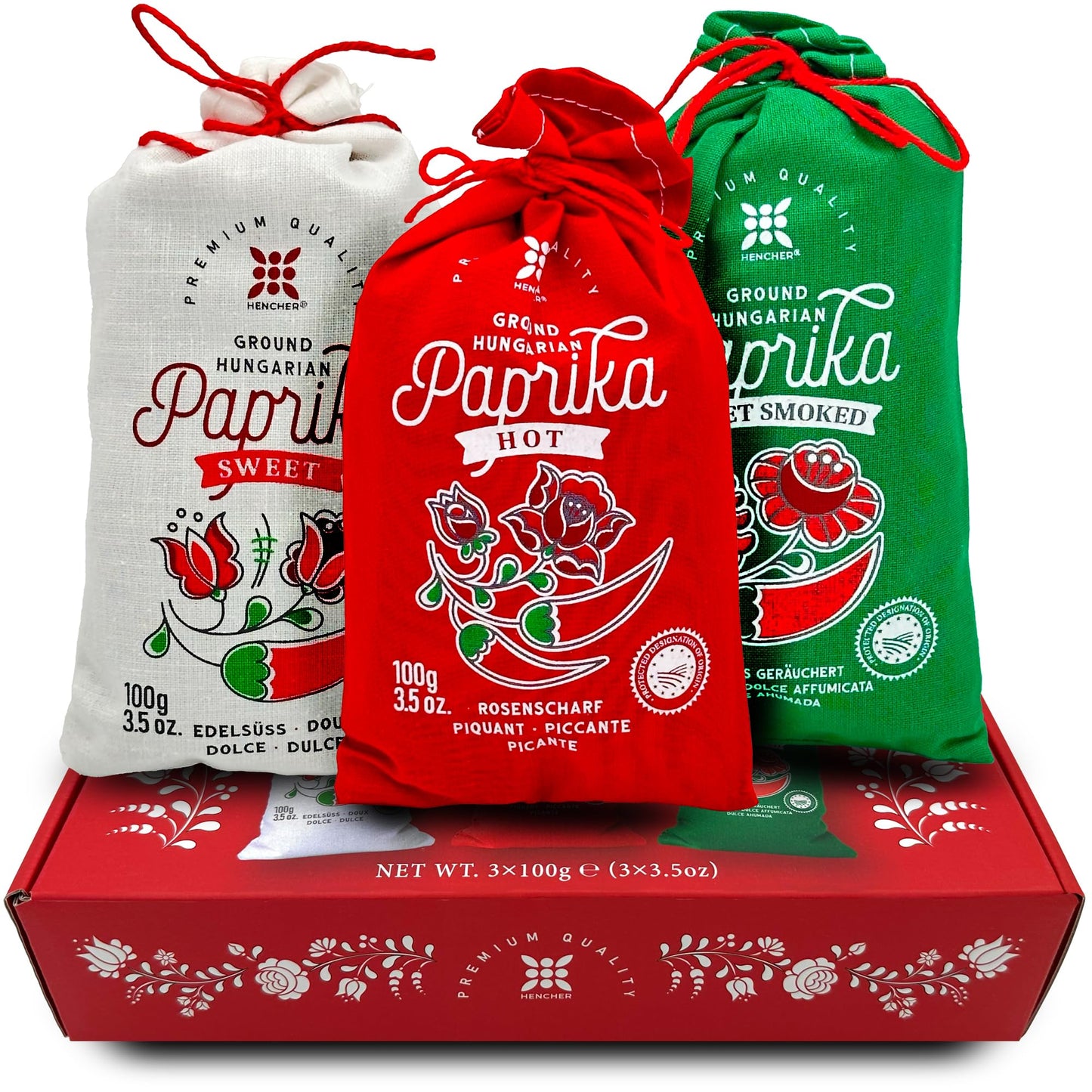 Hencher Hungarian Paprika Powder Gift Set - 3 Flavors (Sweet, Hot, Smoked) - 3x100g/3.5oz