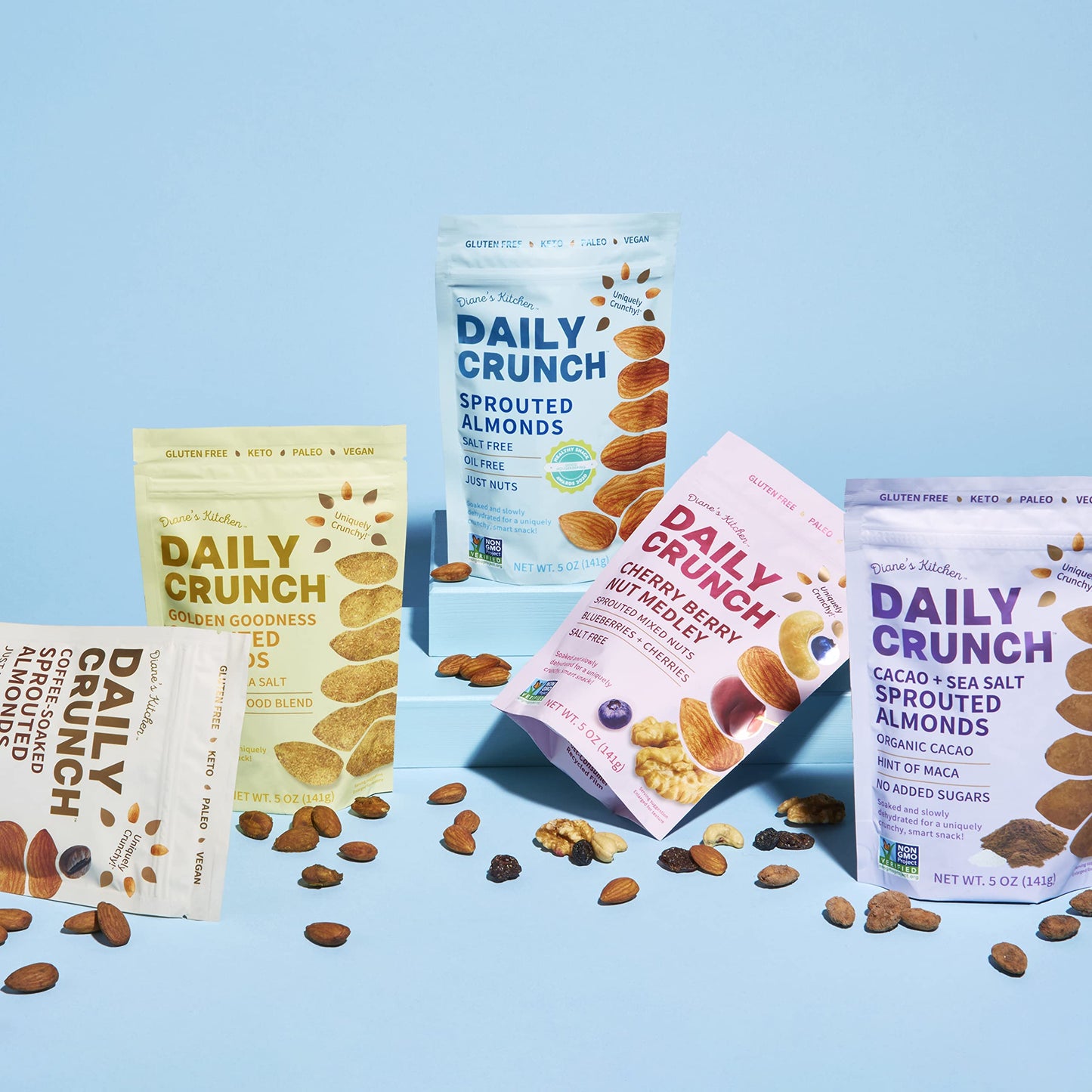 Daily Crunch Sprouted Almonds, 5 Ounce Resealable Bags (Family Pack, 5 Pack) (Packaging May Vary, Contains: Original Sprouted, C