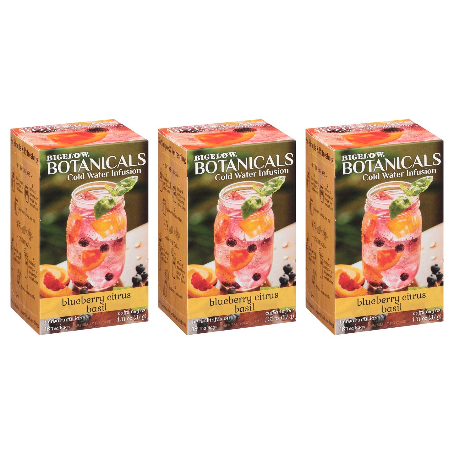 Bigelow Tea Cold Water Infusion Blueberry Citrus Basil Herbal Tea Bags, Caffeine Free, 18 Count Box (Pack of 3) - 54 Total Bags