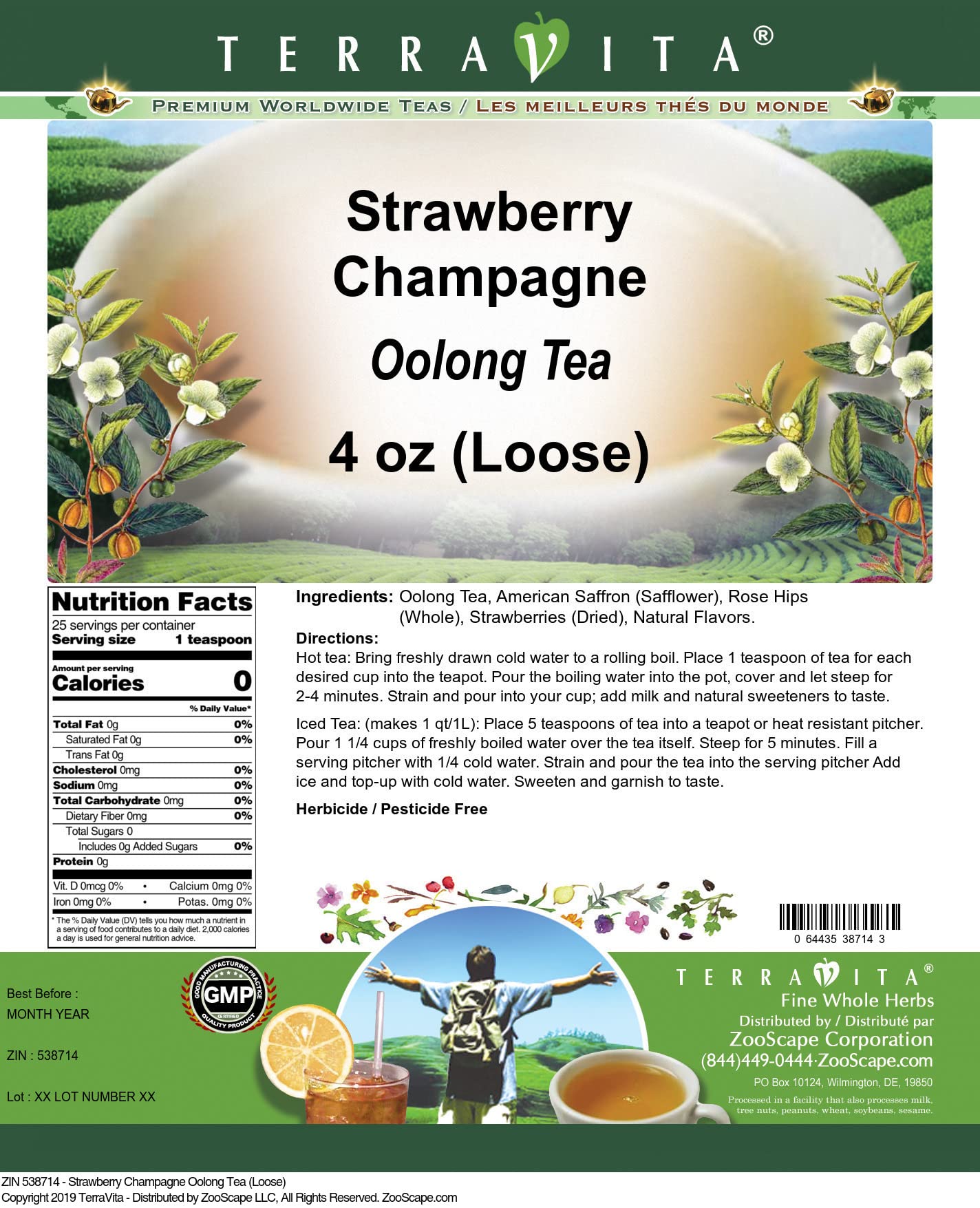 Terravita Strawberry Champagne Oolong Tea Loose Leaf - 4 oz Pack