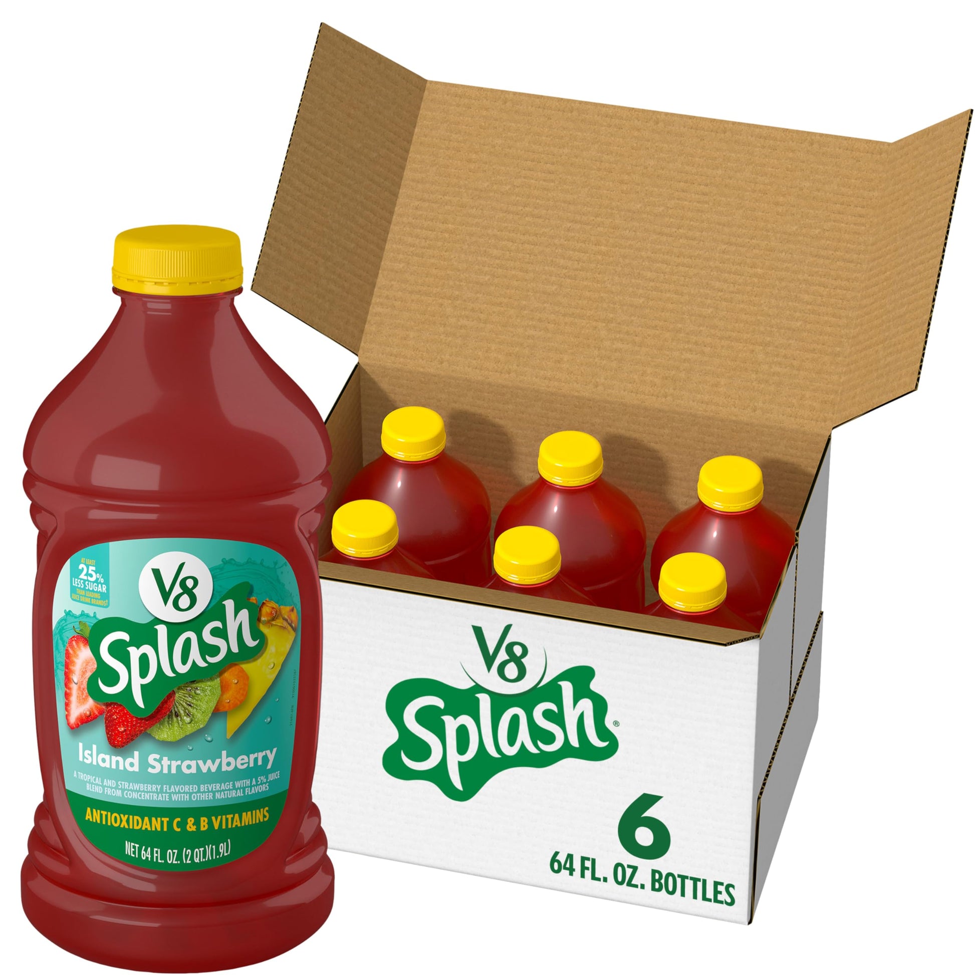 V8 Splash Juice Beverage, Strawberry Flavor, 64 fl oz Bottle, Pack of 6