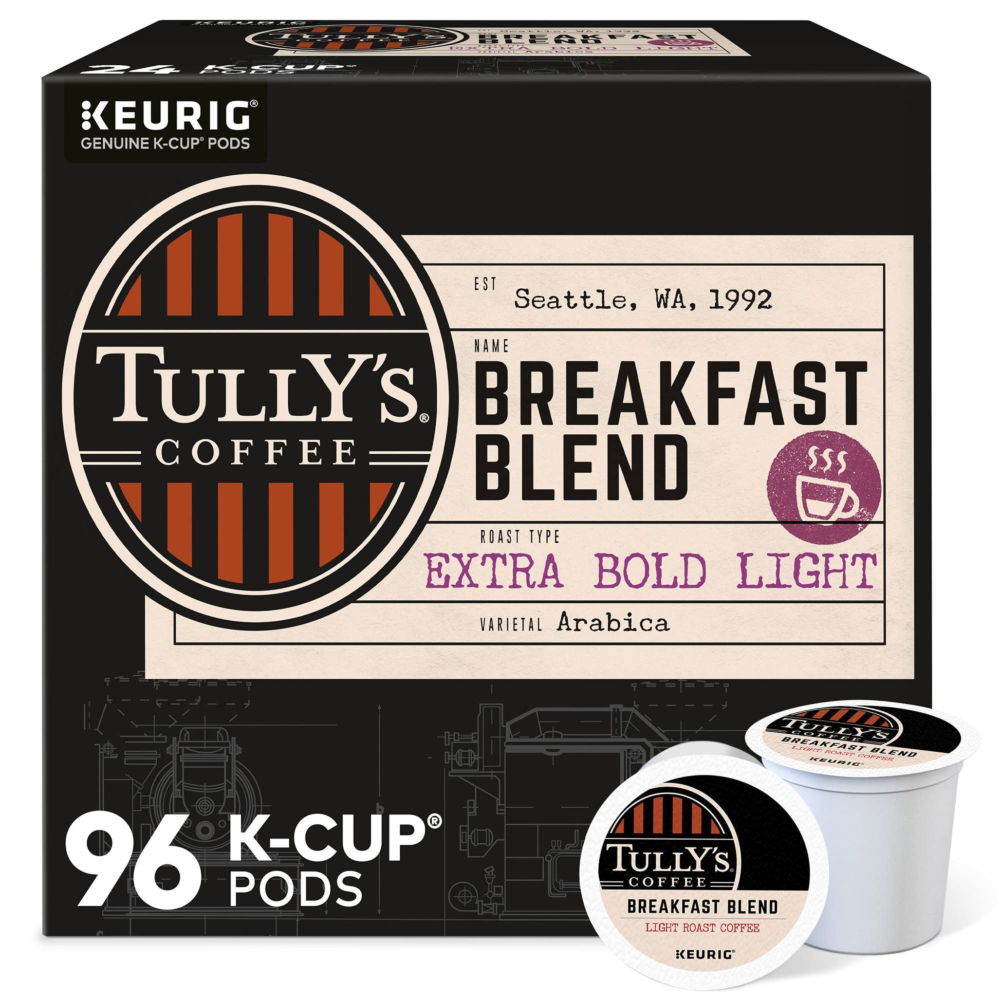 Tully'S Coffee Breakfast Blend Keurig Single-Serve K-Cup Pods, Light Roast Coffee, 96 Count (4 Packs Of 24)