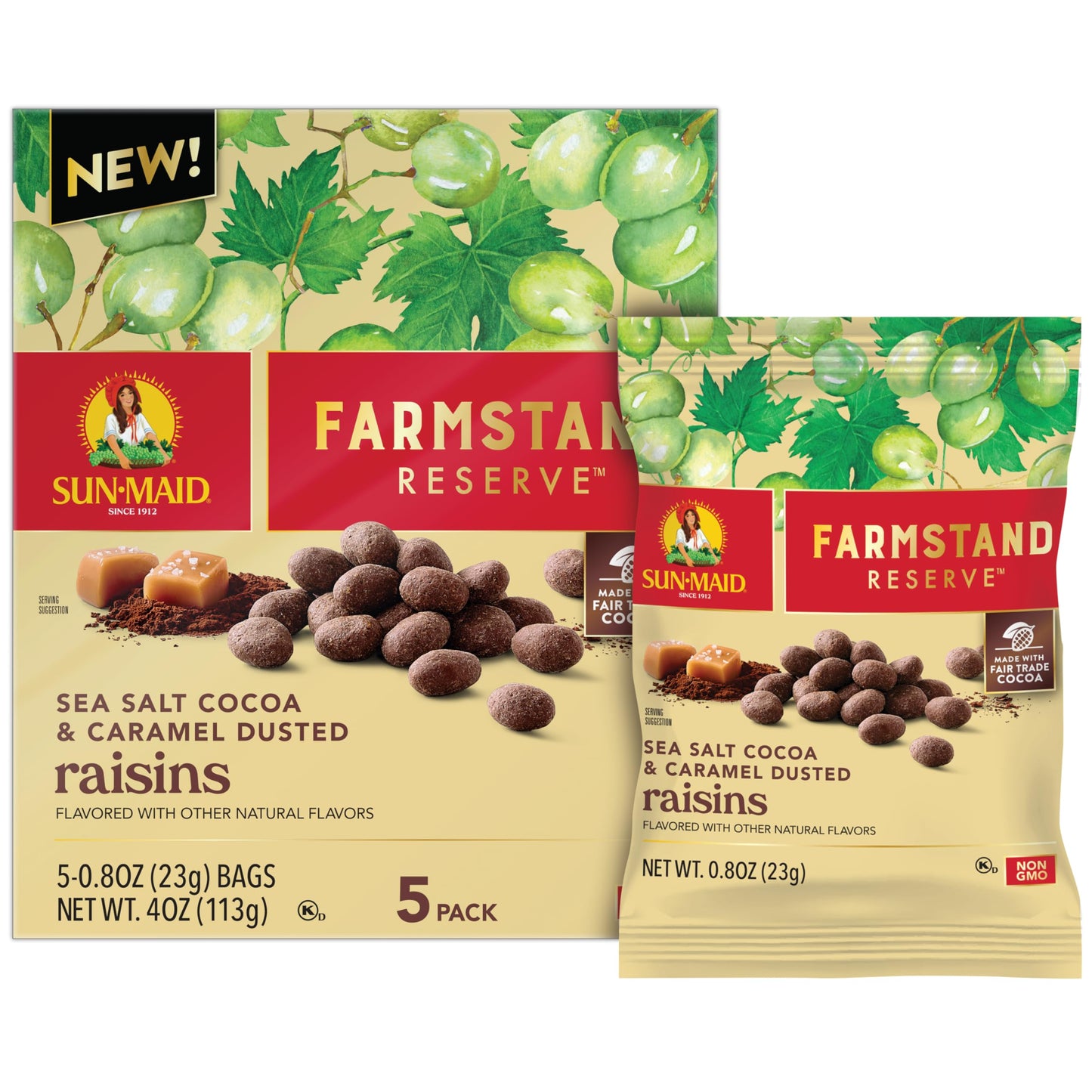 Sun-Maid Farmstand Reserve Sea Salt Cocoa & Caramel Dusted Raisins - (5 Pack) 0.8 oz Snack Bag - Cocoa Covered Fruit Snack