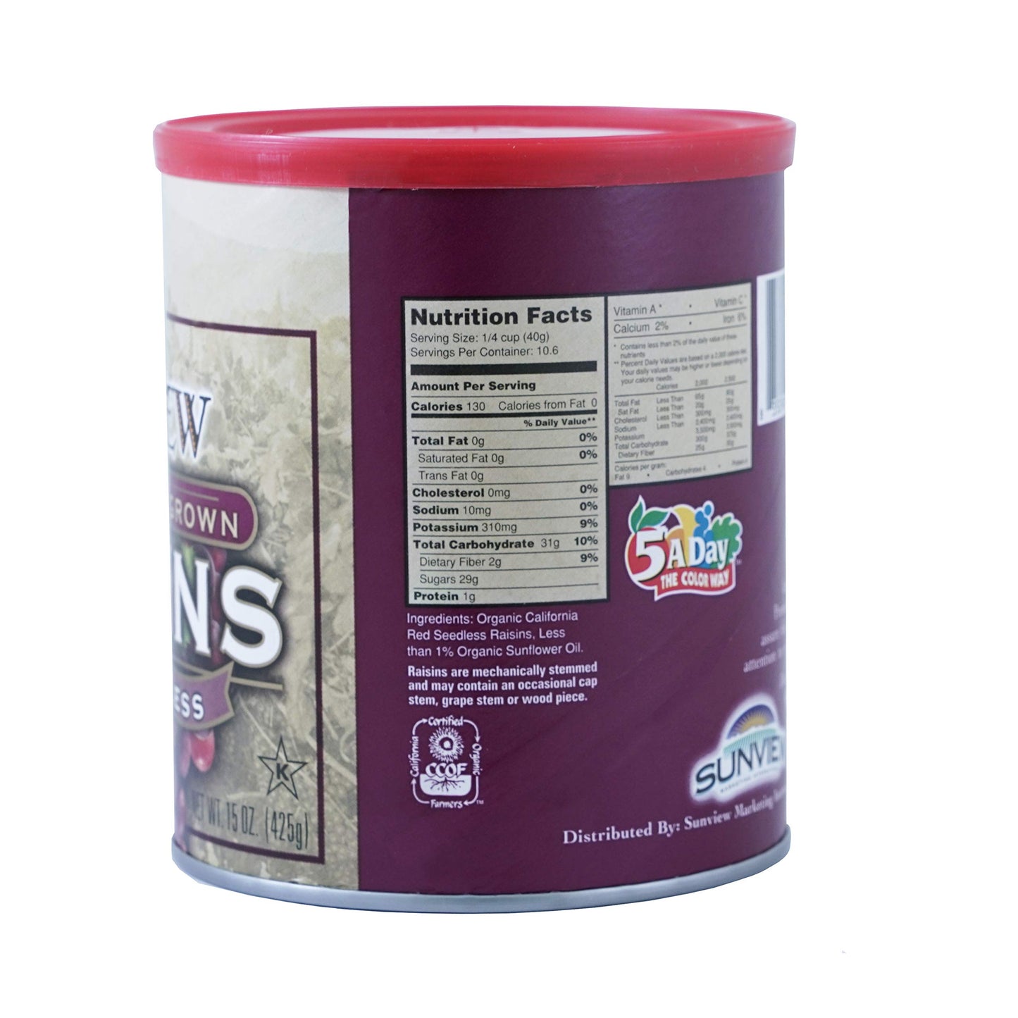 Sunview Organic Red Seedless Raisins 3 -15 oz. Canisters
